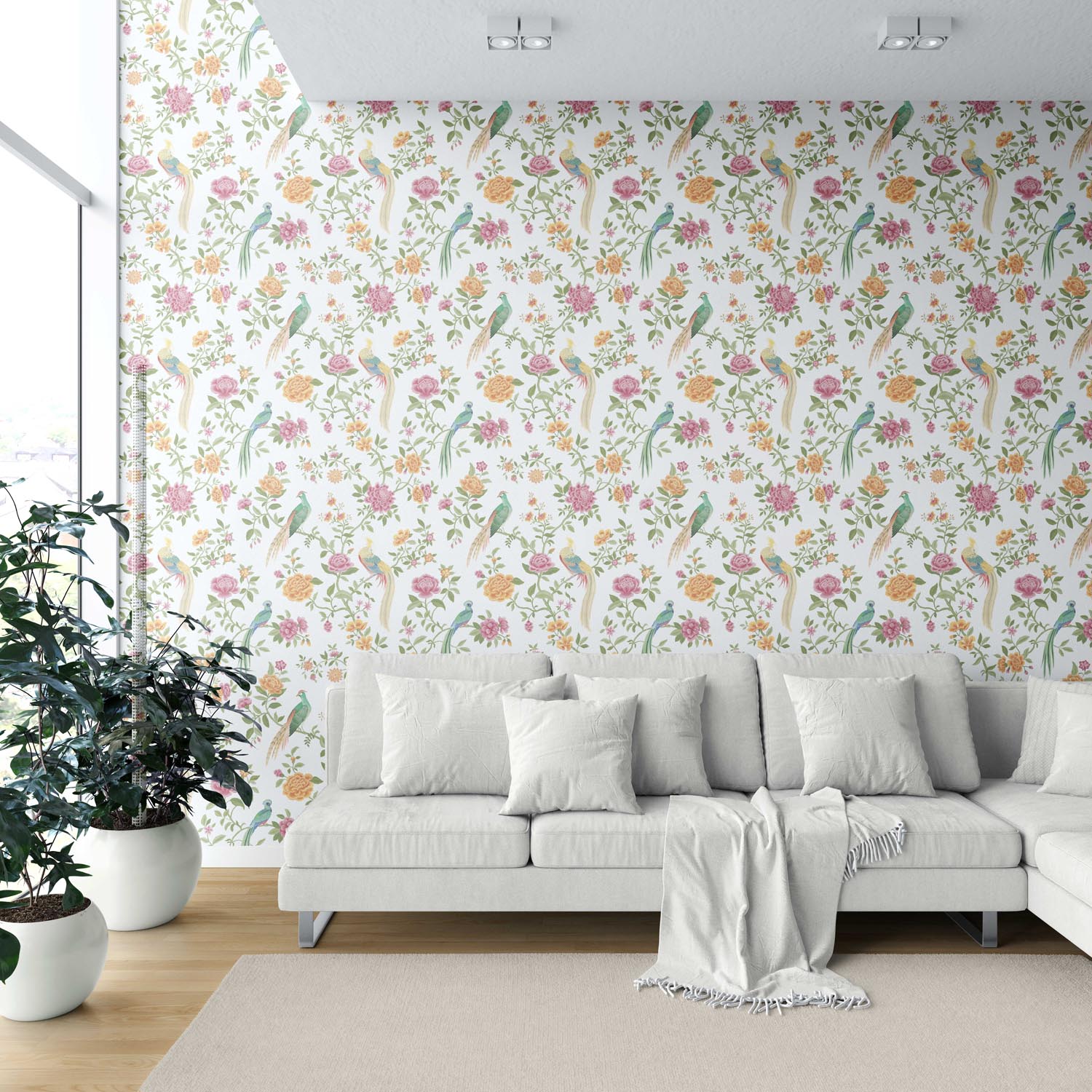 Floral Chinoiserie/ Nature Bird Print Shower Toilet Wallpaper Sample (Pink/ Green/ Yellow)