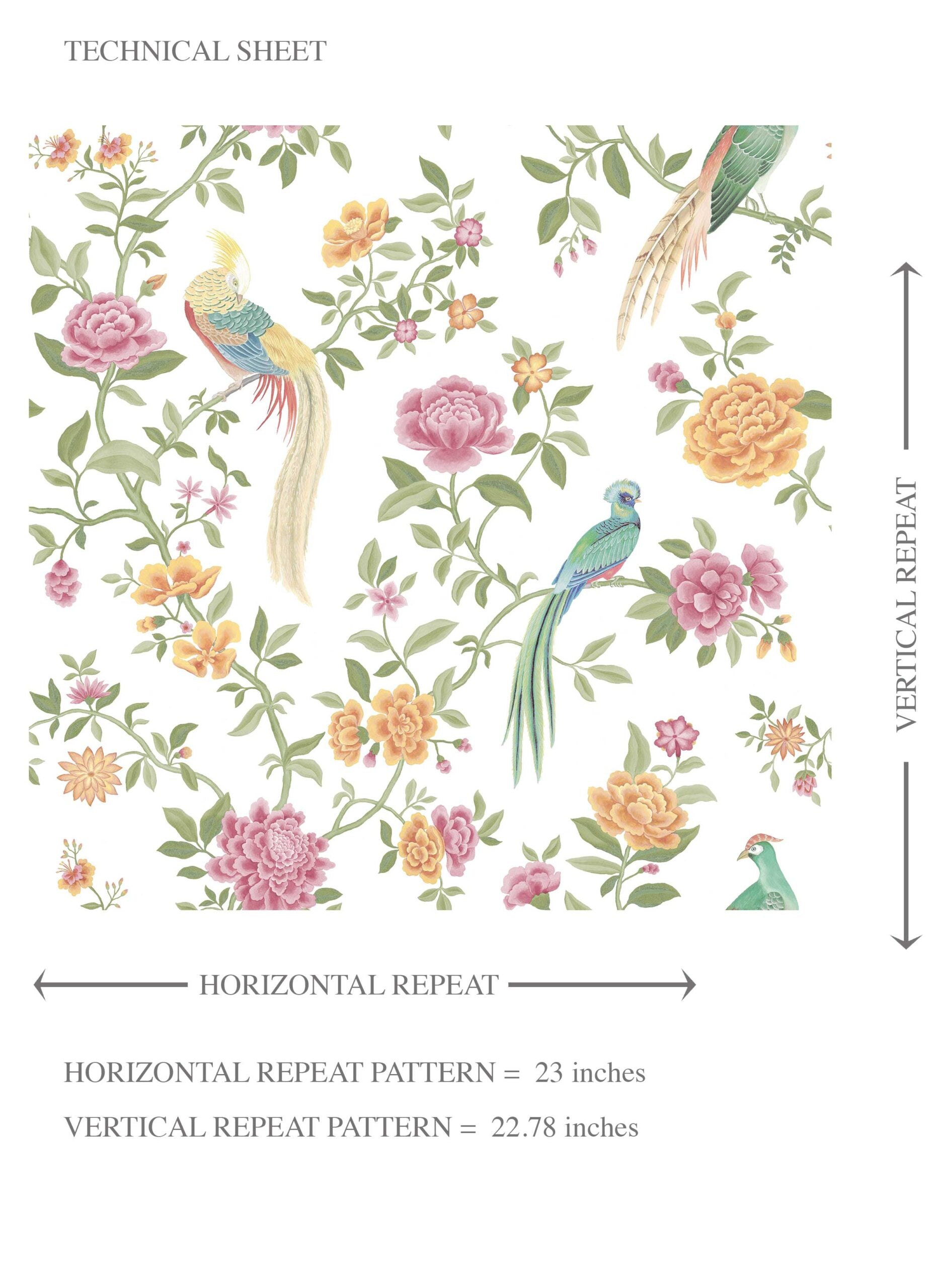 Floral Chinoiserie/ Nature Bird Print Kids Room Wallpaper Sample (Pink/ Green/ Yellow)