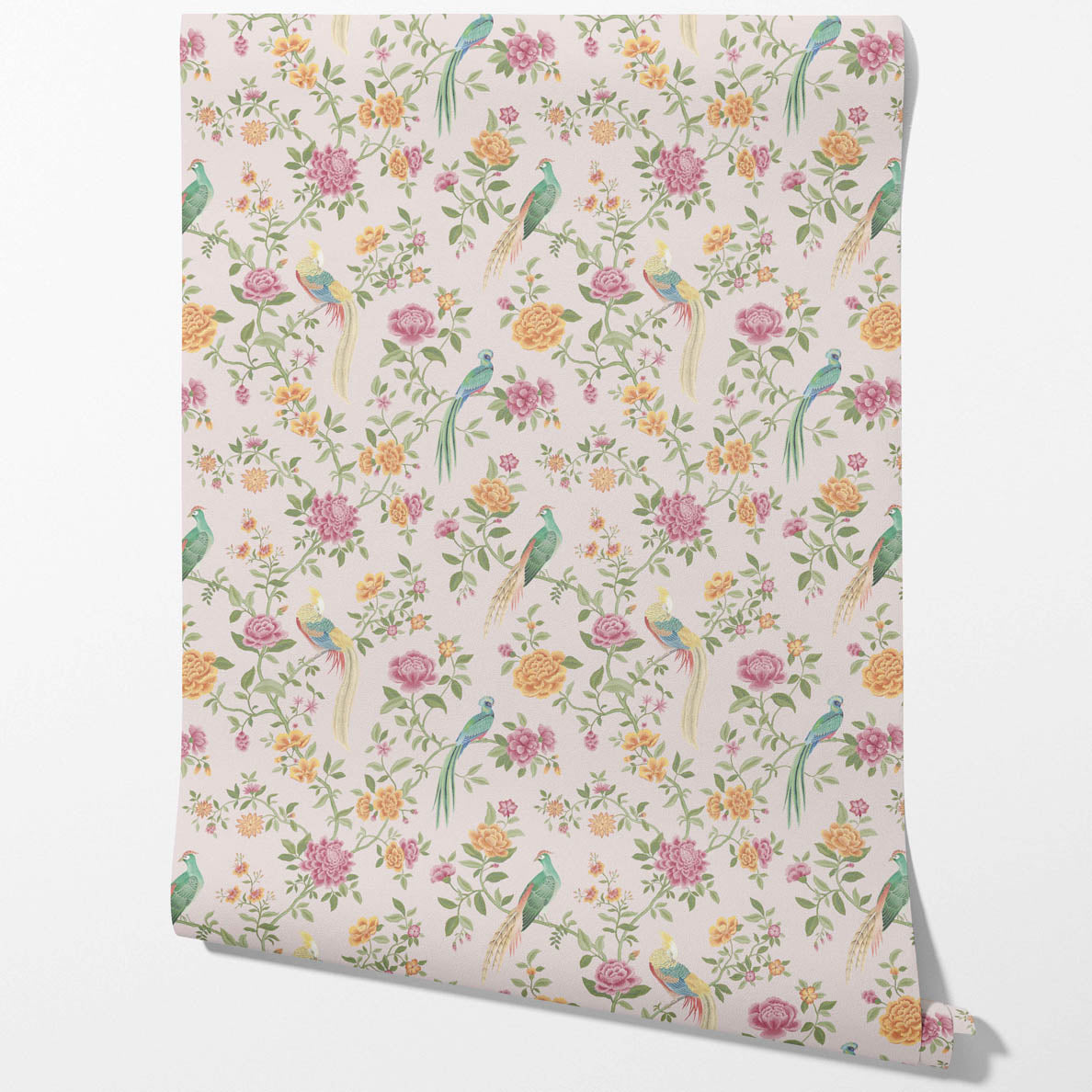 Floral Chinoiserie/ Nature Bird Print Traditional Wallpaper Sample (Blush Pink/ Blue/ Green/ Orange/ Yellow)