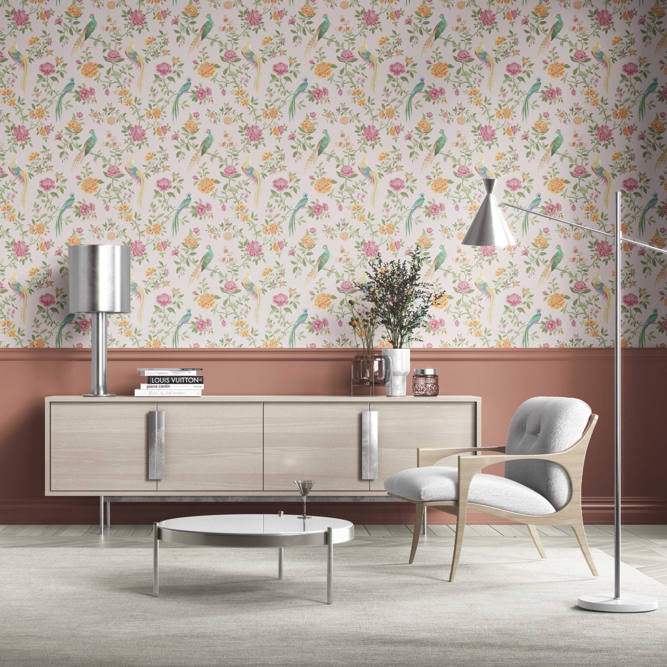 Floral Chinoiserie/ Nature Bird Print Kitchen Wallpaper (Blush Pink/ Blue/ Green/ Orange/ Yellow)