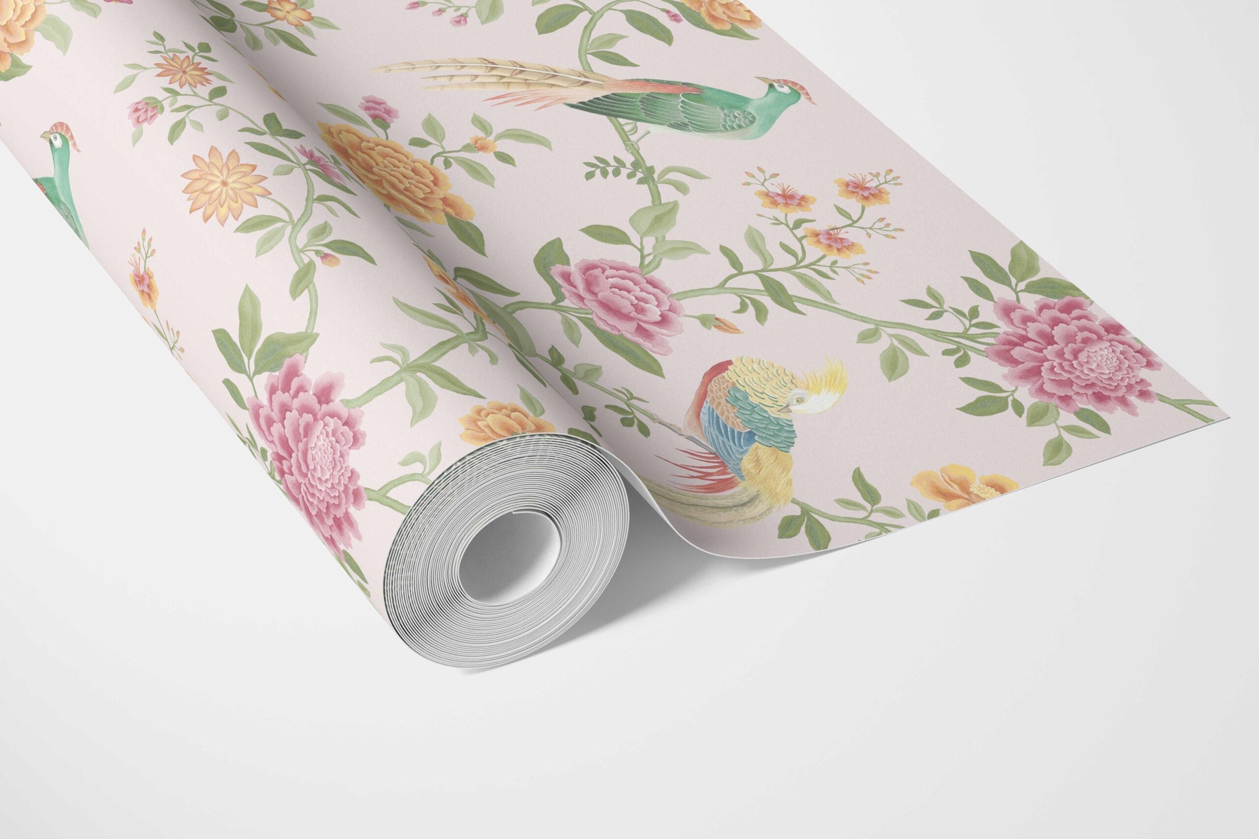 Floral Chinoiserie/ Nature Bird Print Bathroom Wallpaper (Blush Pink/ Blue/ Green/ Orange/ Yellow)