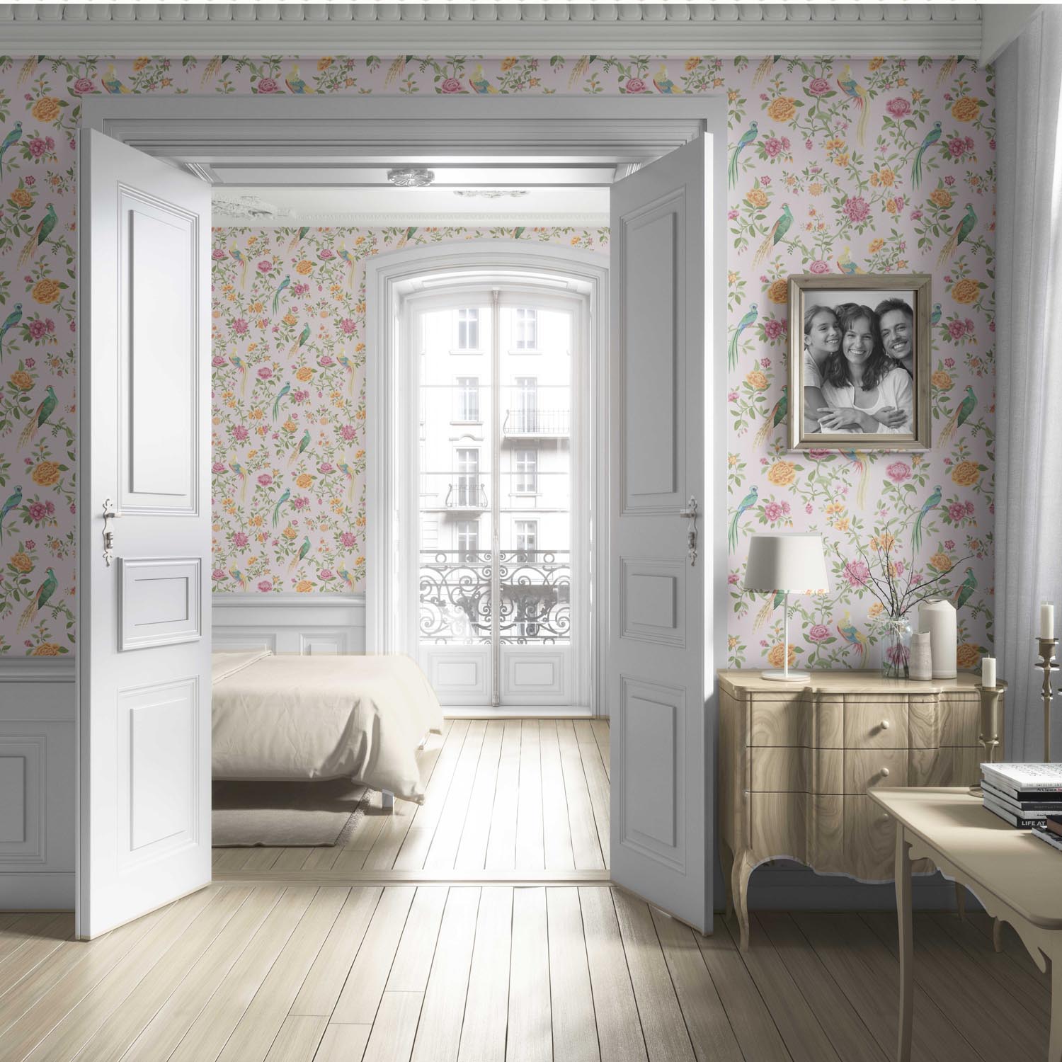 Floral Chinoiserie/ Nature Bird Print Living Room Wallpaper (Blush Pink/ Blue/ Green/ Orange/ Yellow)