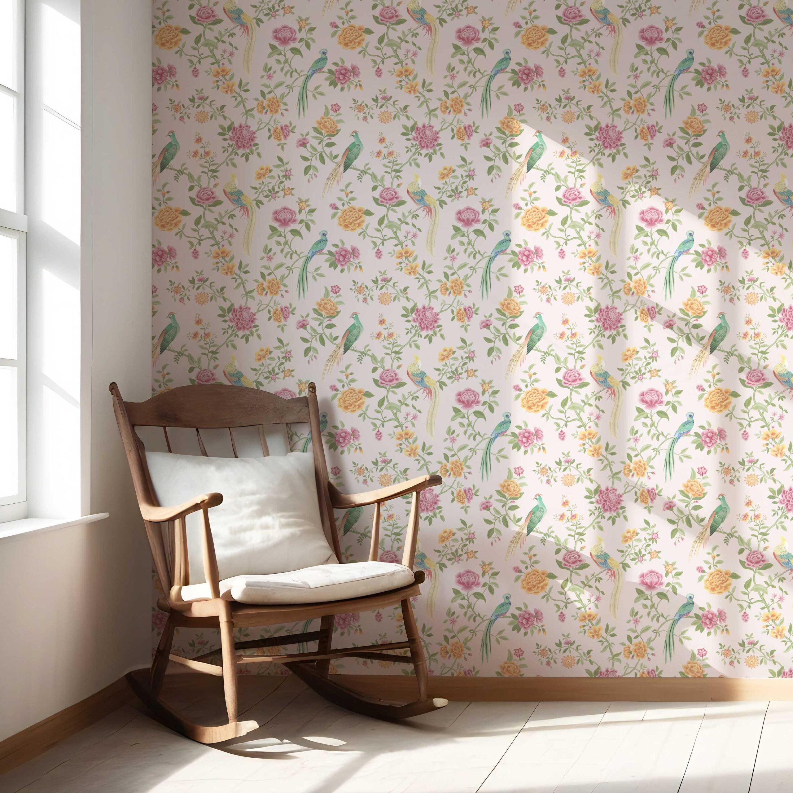 Floral Chinoiserie/ Nature Bird Print Nursery Wallpaper (Blush Pink/ Blue/ Green/ Orange/ Yellow)
