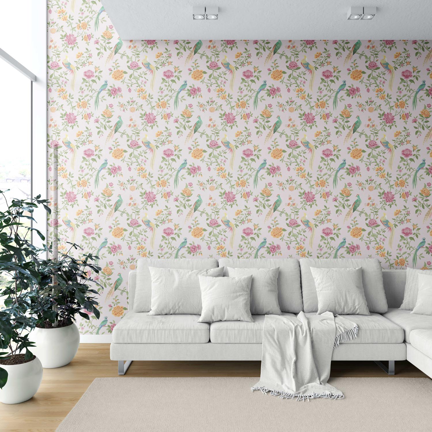 Floral Chinoiserie/ Nature Bird Print Shower Toilet Wallpaper (Blush Pink/ Blue/ Green/ Orange/ Yellow)