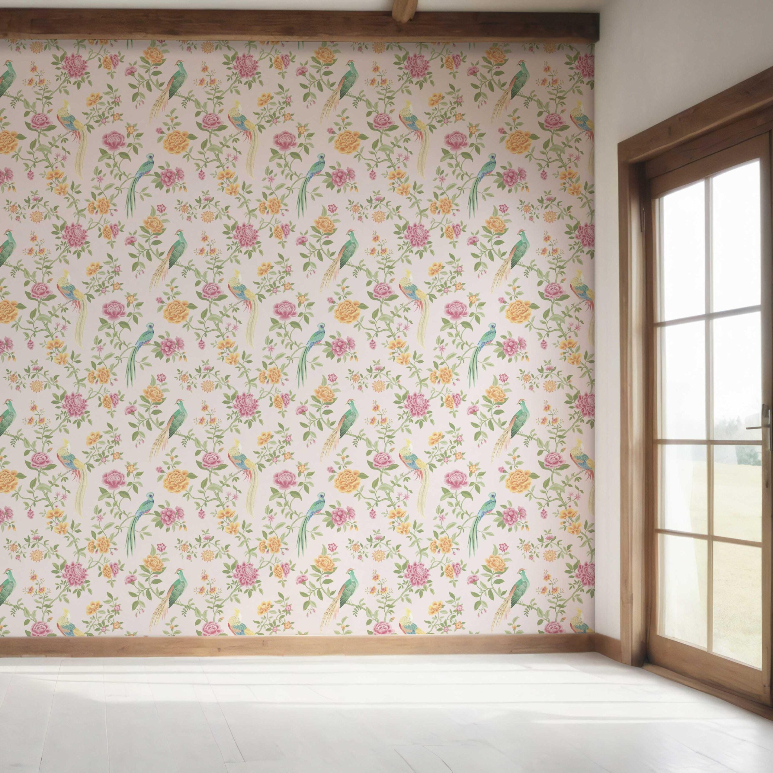 Floral Chinoiserie/ Nature Bird Print Bedroom Wallpaper (Blush Pink/ Blue/ Green/ Orange/ Yellow)
