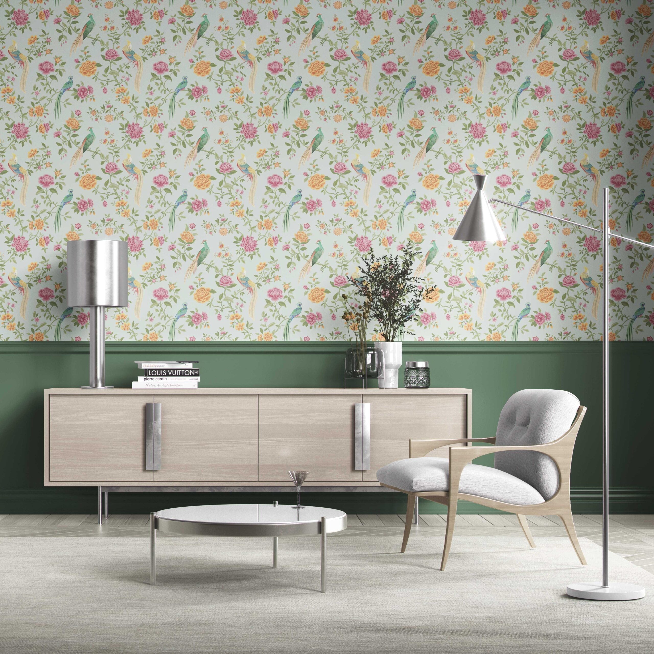 Floral Chinoiserie/ Nature Bird Print Kitchen Wallpaper Sample (Duck Egg Blue/ Pink/ Green/ Yellow)