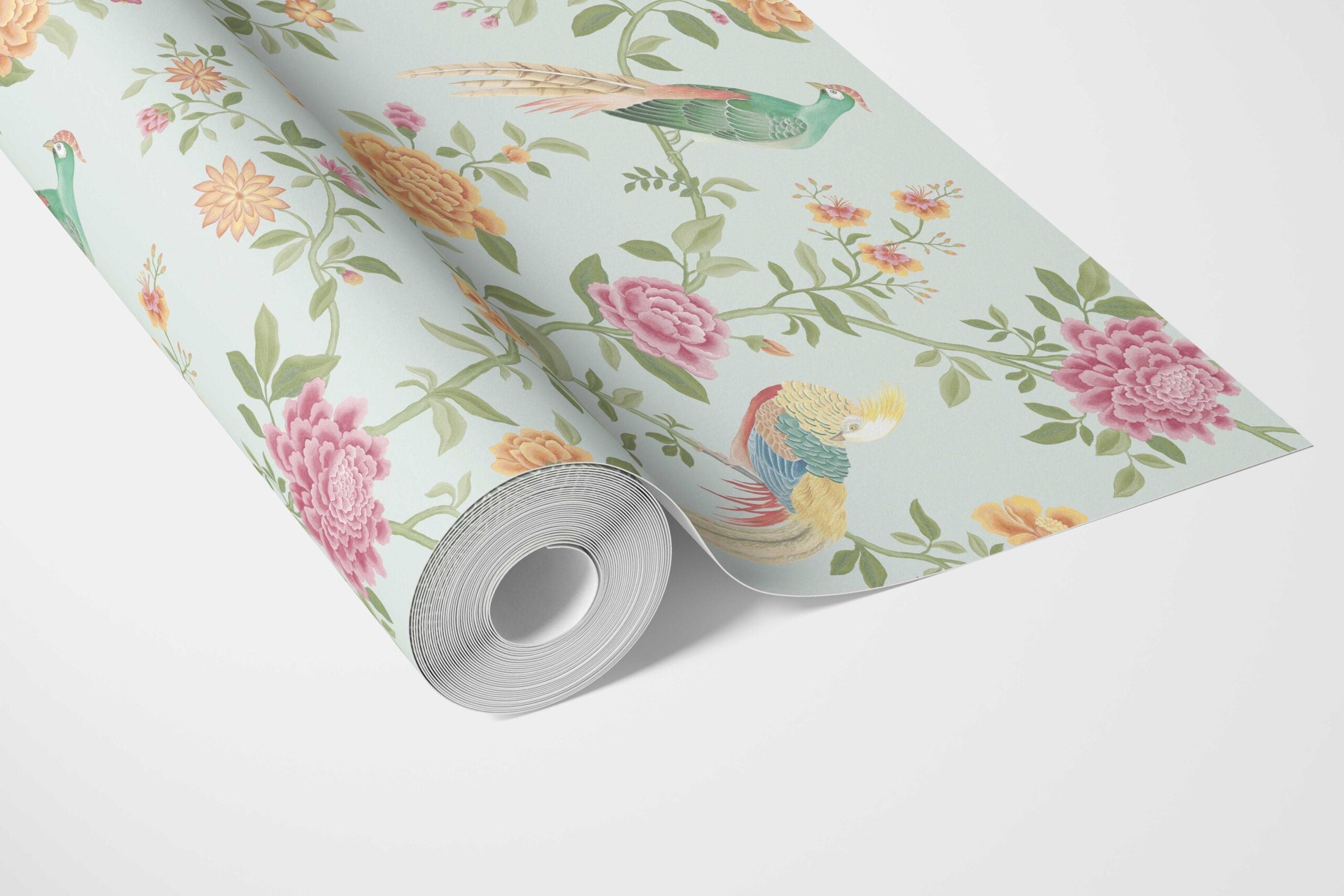 Floral Chinoiserie/ Nature Bird Print Bathroom Wallpaper Sample (Duck Egg Blue/ Pink/ Green/ Yellow)