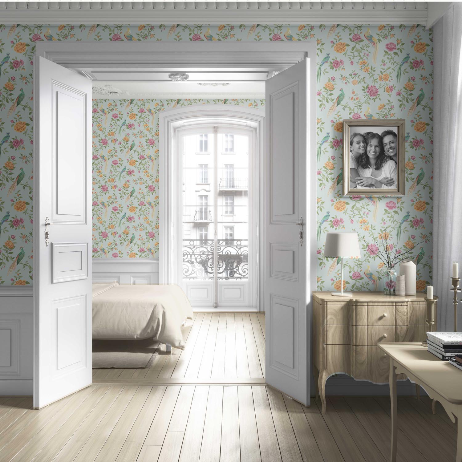 Floral Chinoiserie/ Nature Bird Print Living Room Wallpaper Sample (Duck Egg Blue/ Pink/ Green/ Yellow)