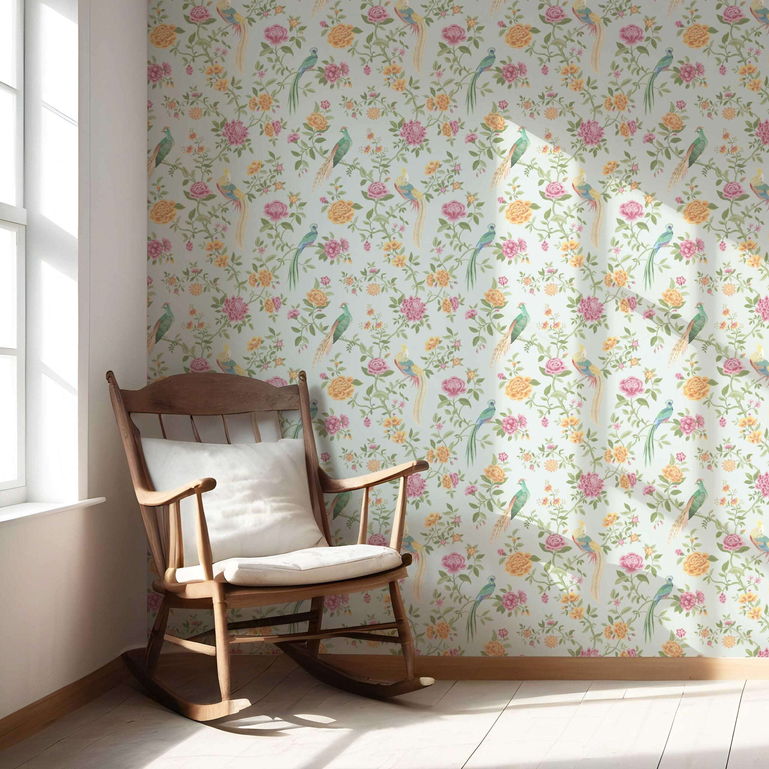 Floral Chinoiserie/ Nature Bird Print Nursery Wallpaper Sample (Duck Egg Blue/ Pink/ Green/ Yellow)