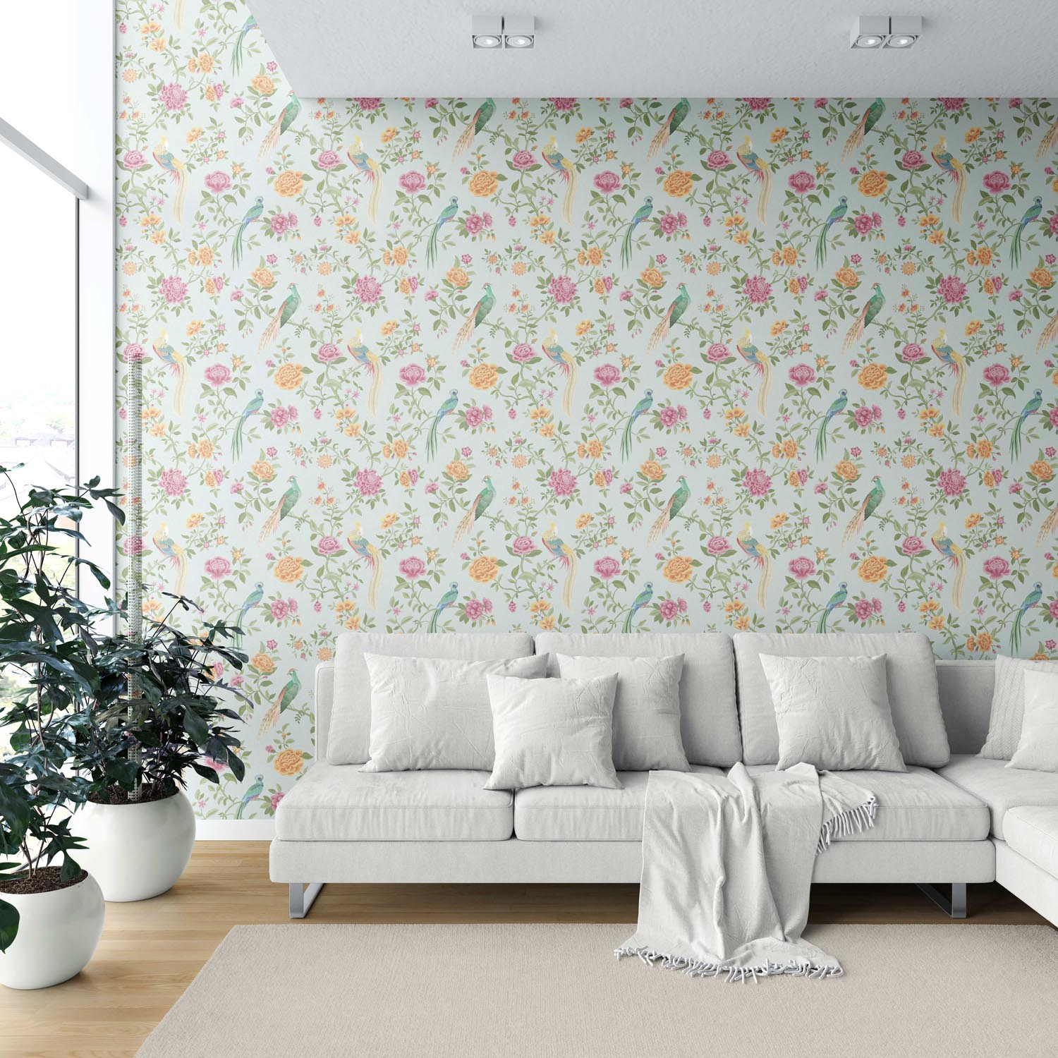 Floral Chinoiserie/ Nature Bird Print Shower Toilet Wallpaper Sample (Duck Egg Blue/ Pink/ Green/ Yellow)