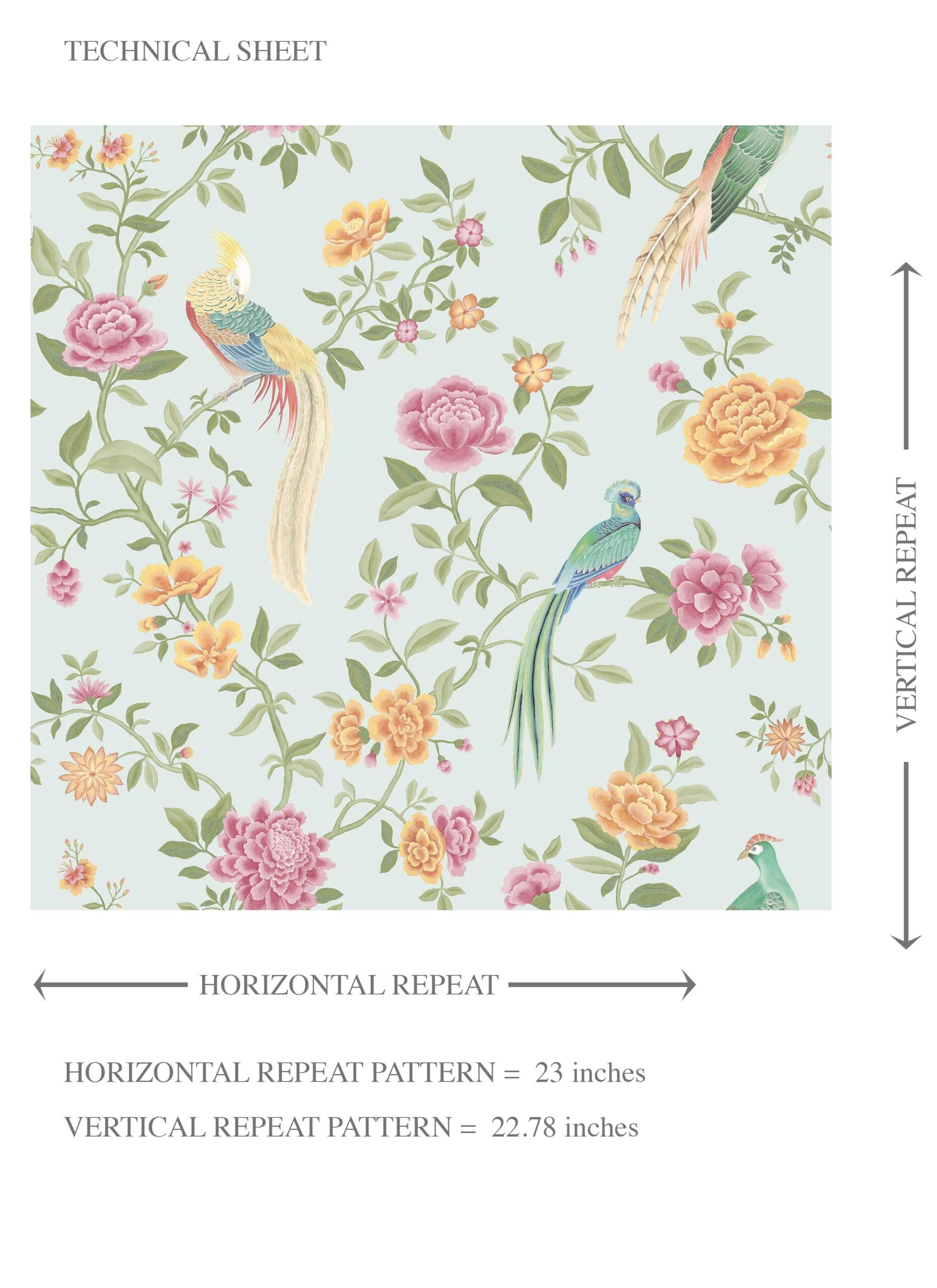 Floral Chinoiserie/ Nature Bird Print Kids Room Wallpaper Sample (Duck Egg Blue/ Pink/ Green/ Yellow)