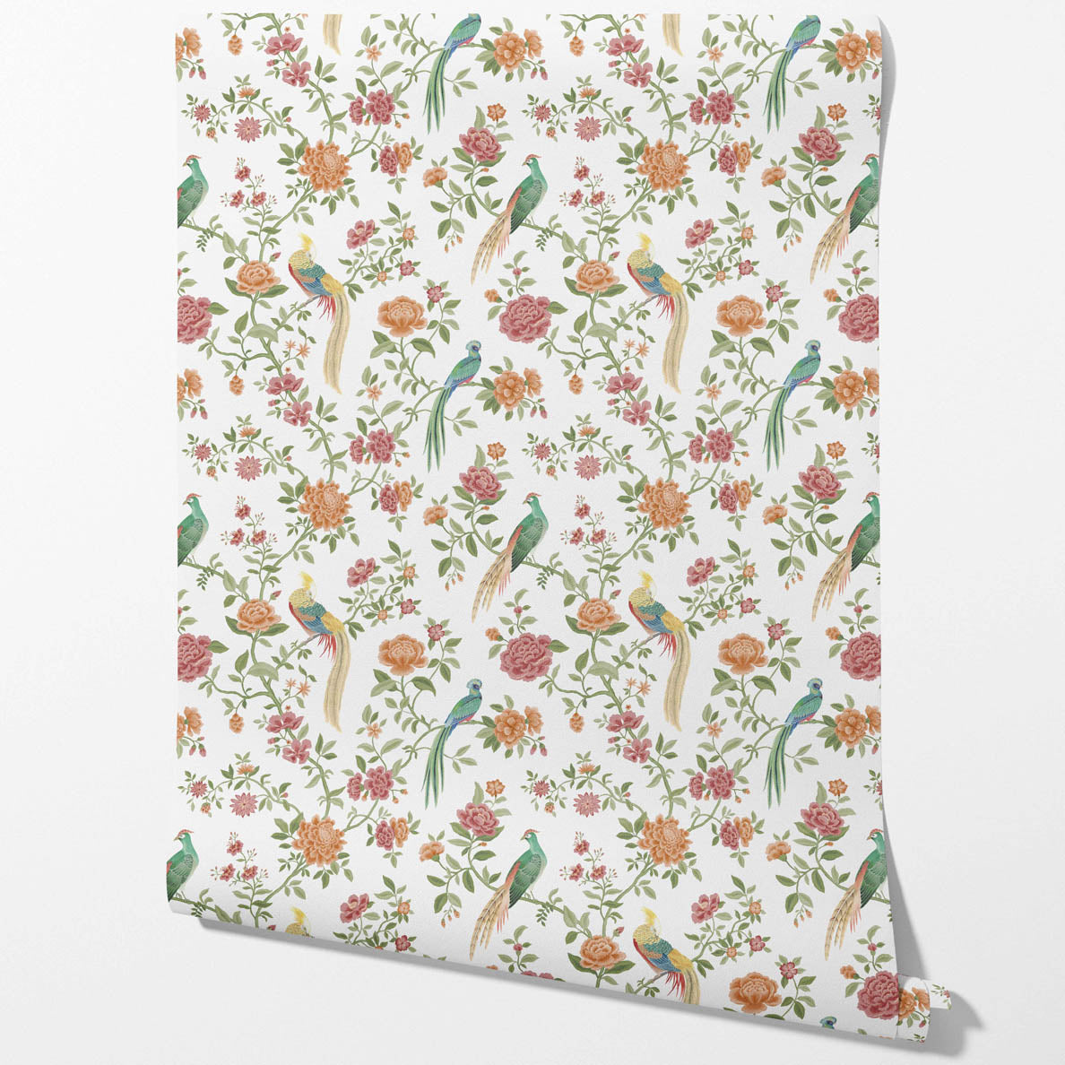Floral Chinoiserie/ Nature Bird Print Traditional Wallpaper Sample (Orange/ Pink/ Blue/ Green/ Yellow)