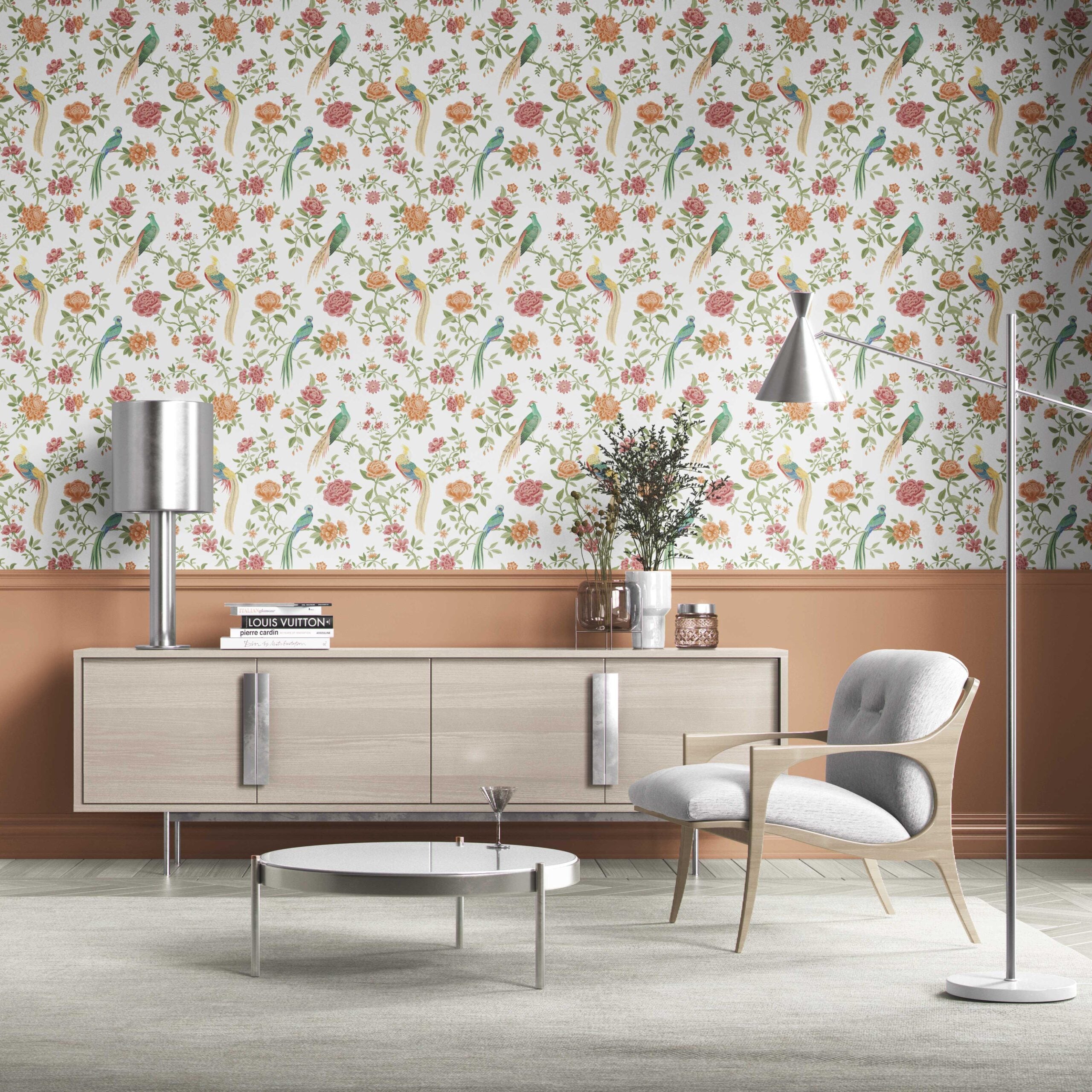 Floral Chinoiserie/ Nature Bird Print Kitchen Wallpaper Sample (Orange/ Pink/ Blue/ Green/ Yellow)