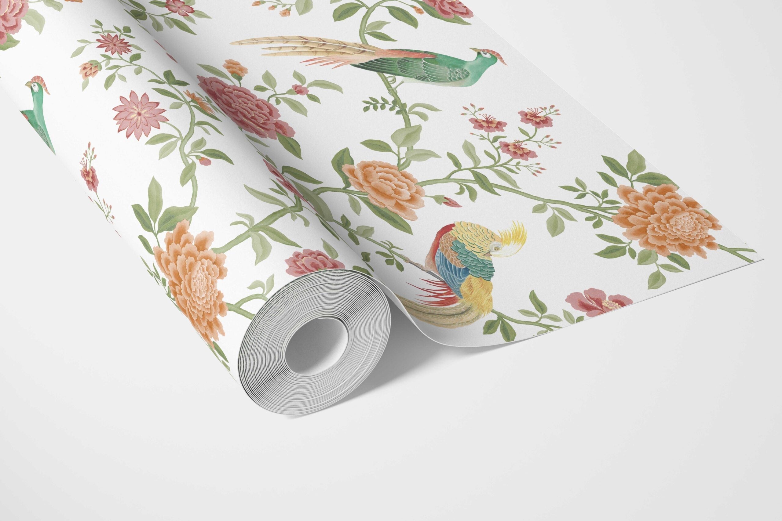Floral Chinoiserie/ Nature Bird Print Bathroom Wallpaper Sample (Orange/ Pink/ Blue/ Green/ Yellow)