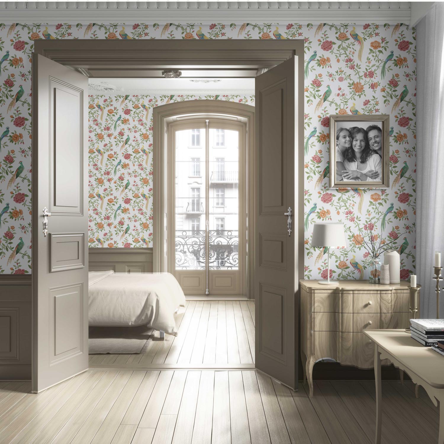 Floral Chinoiserie/ Nature Bird Print Living Room Wallpaper Sample (Orange/ Pink/ Blue/ Green/ Yellow)
