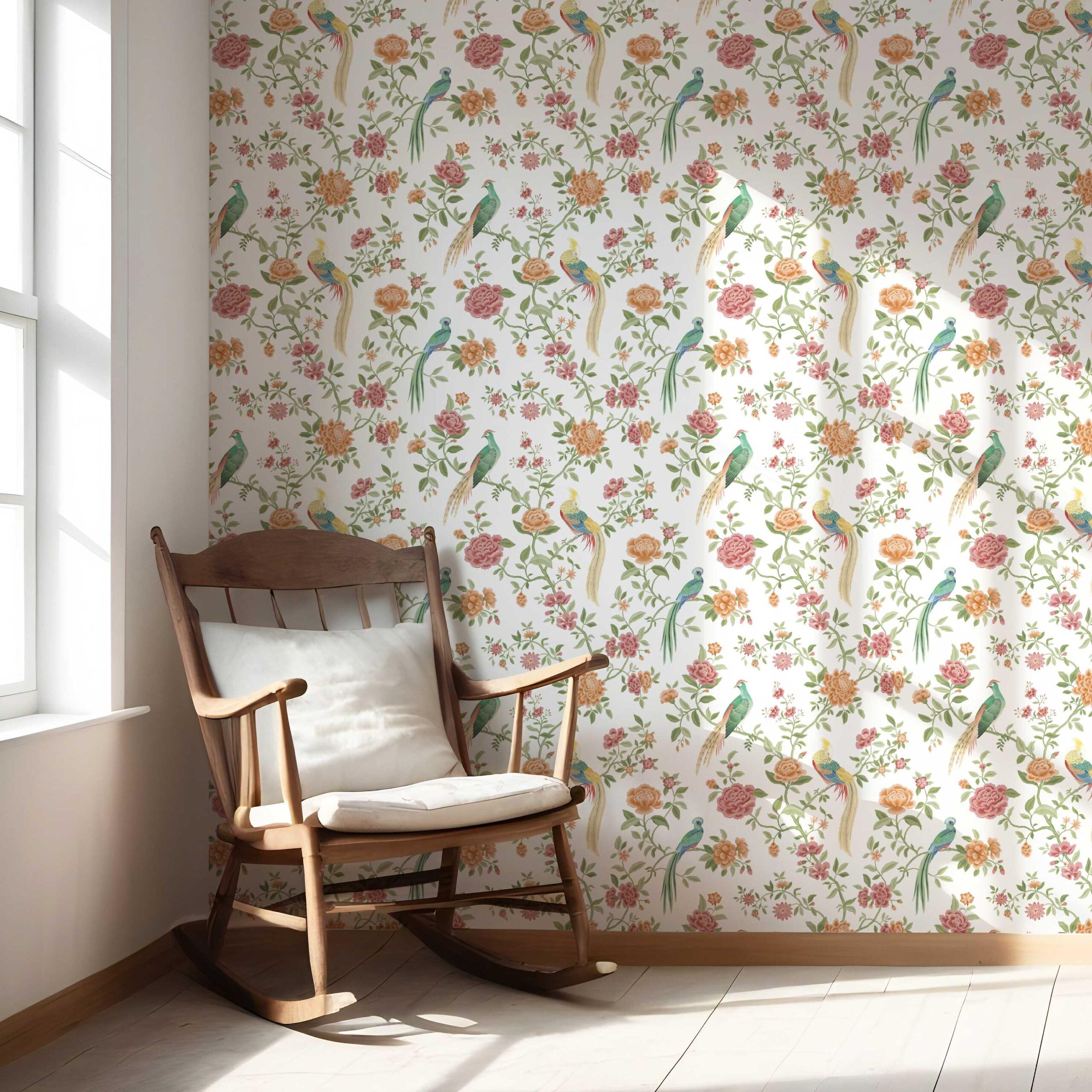 Floral Chinoiserie/ Nature Bird Print Nursery Wallpaper Sample (Orange/ Pink/ Blue/ Green/ Yellow)