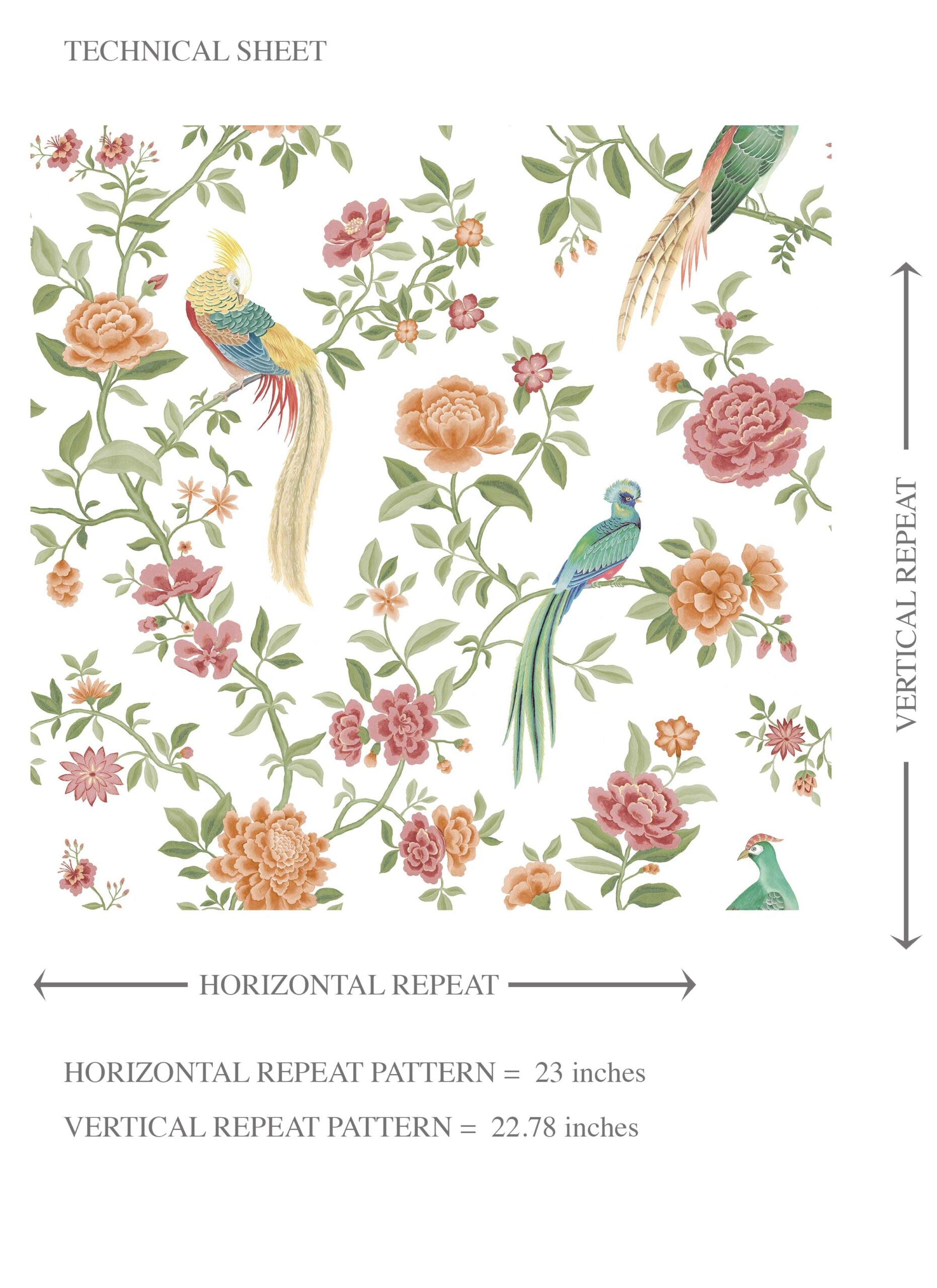 Floral Chinoiserie/ Nature Bird Print Kids Room Wallpaper Sample (Orange/ Pink/ Blue/ Green/ Yellow)
