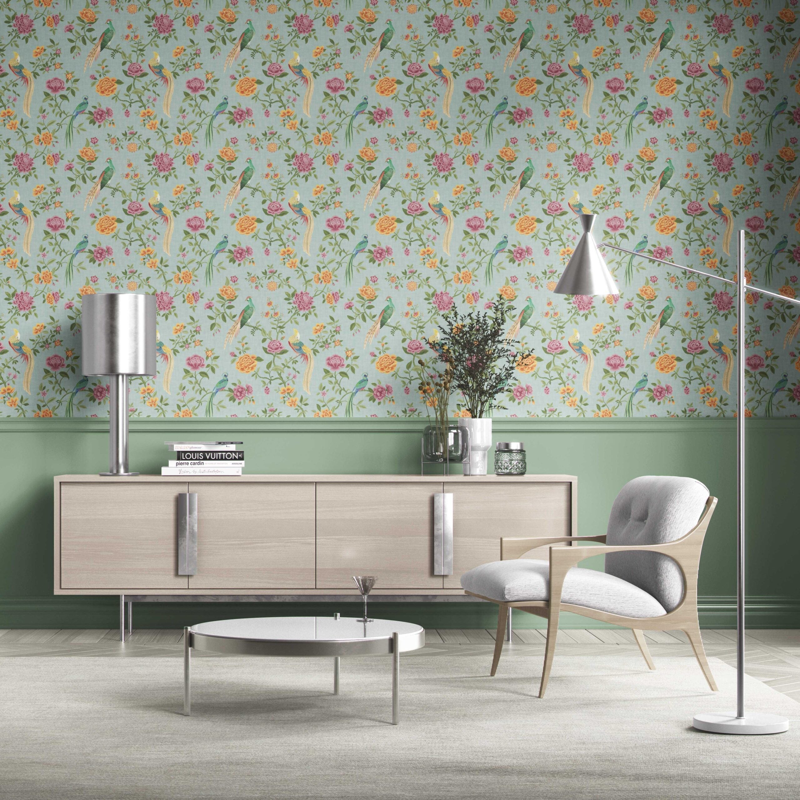 Floral Chinoiserie/ Nature Bird Print Kitchen Wallpaper Sample (Blue/ Pink/ Green/ Yellow/ Orange)