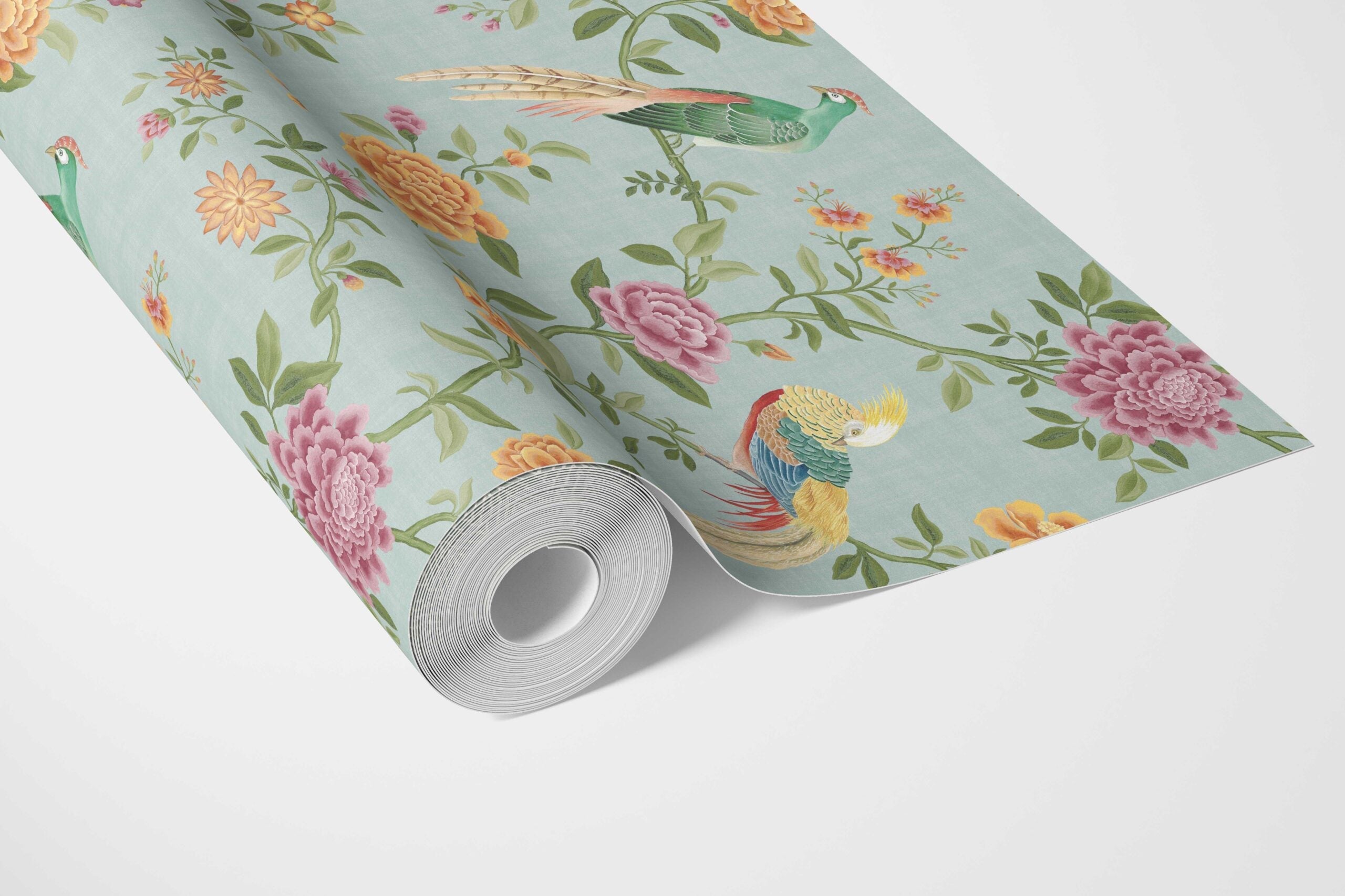 Floral Chinoiserie/ Nature Bird Print Bathroom Wallpaper Sample (Blue/ Pink/ Green/ Yellow/ Orange)