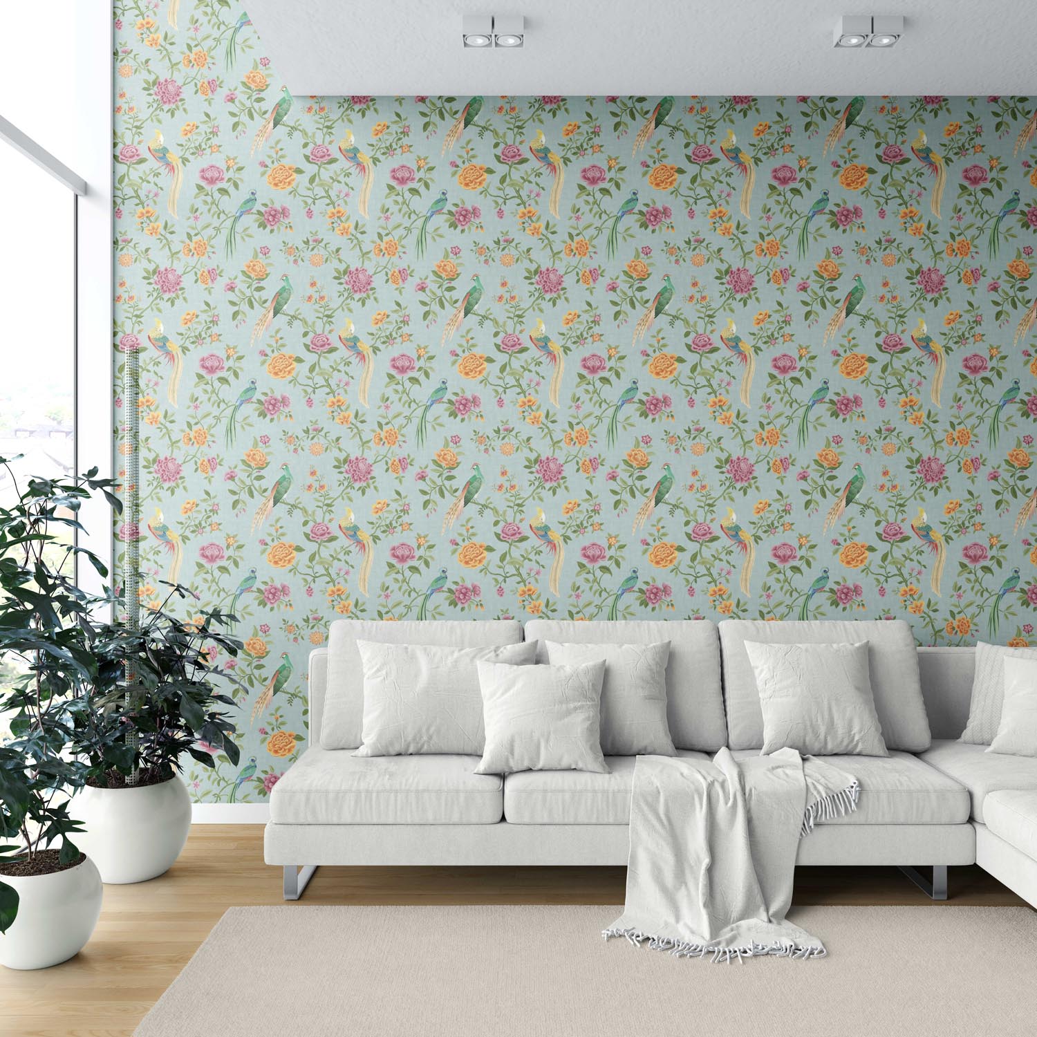 Floral Chinoiserie/ Nature Bird Print Shower Toilet Wallpaper Sample (Blue/ Pink/ Green/ Yellow/ Orange)