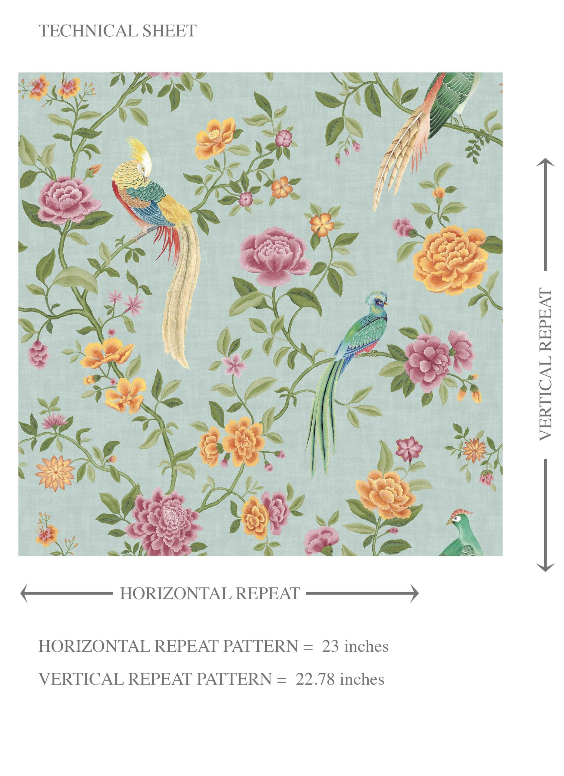Floral Chinoiserie/ Nature Bird Print Kids Room Wallpaper Sample (Blue/ Pink/ Green/ Yellow/ Orange)