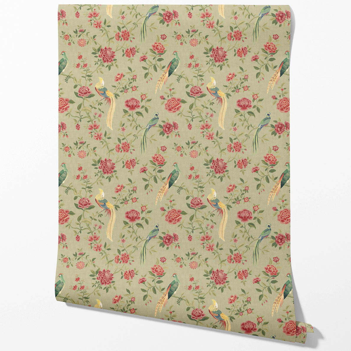 Floral Chinoiserie/ Nature Bird Print Traditional Wallpaper Sample (Olive Green/ Red/ Yellow)