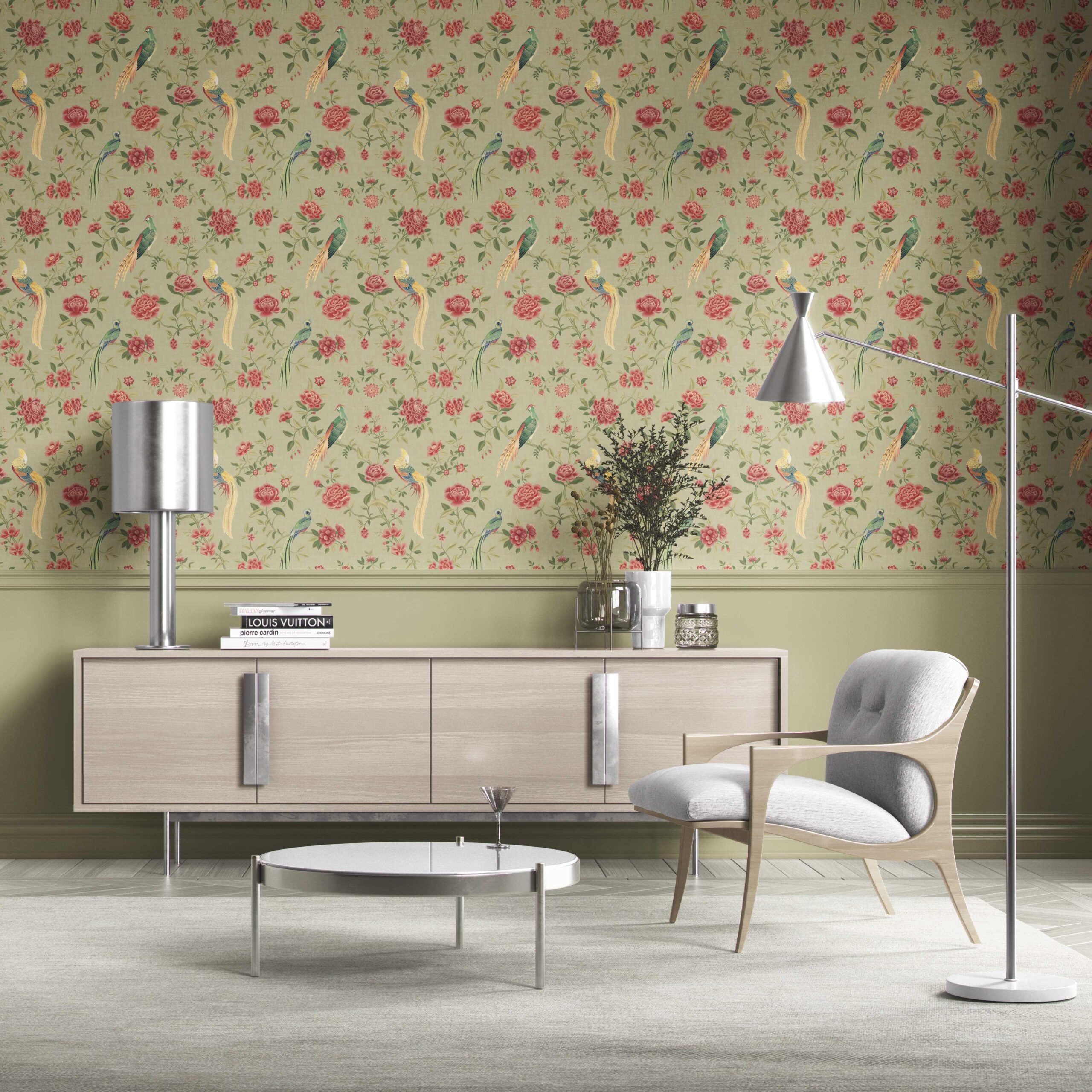 Floral Chinoiserie/ Nature Bird Print Kitchen Wallpaper Sample (Olive Green/ Red/ Yellow)