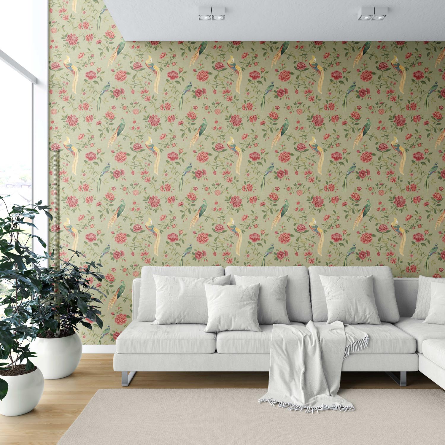 Floral Chinoiserie/ Nature Bird Print Shower Toilet Wallpaper Sample (Olive Green/ Red/ Yellow)