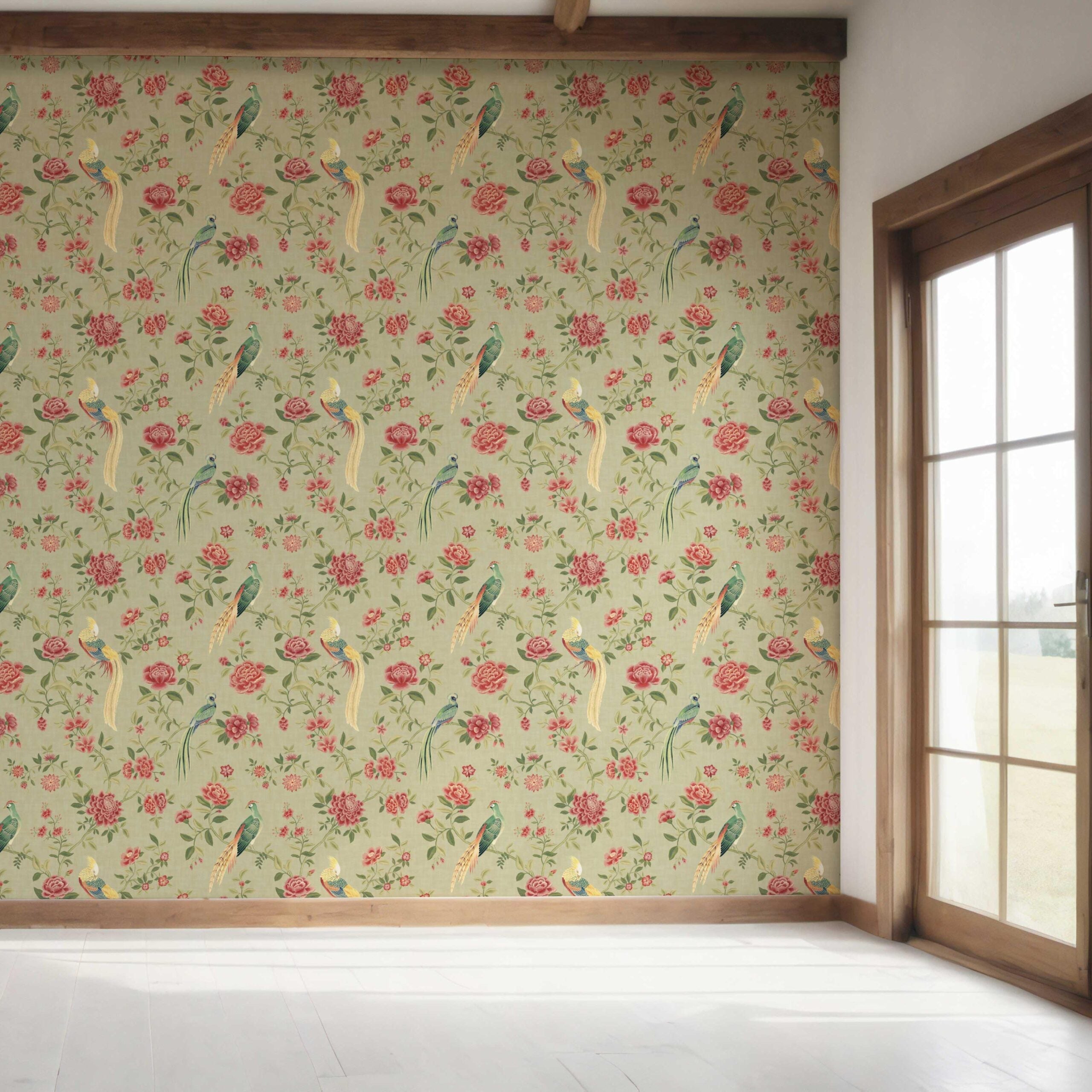 Floral Chinoiserie/ Nature Bird Print Bedroom Wallpaper (Olive Green/ Red/ Yellow)