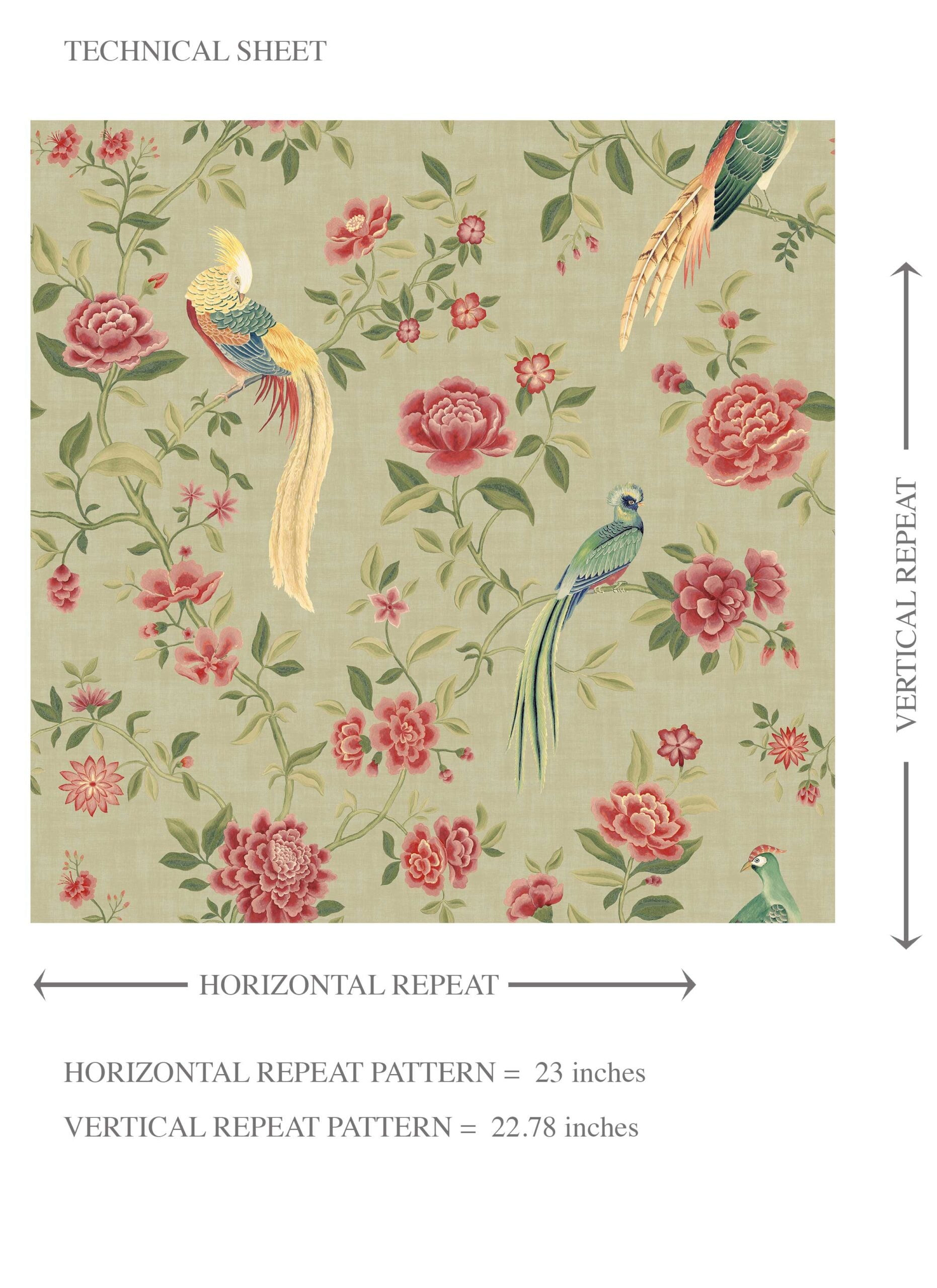 Floral Chinoiserie/ Nature Bird Print Kids Room Wallpaper Sample (Olive Green/ Red/ Yellow)