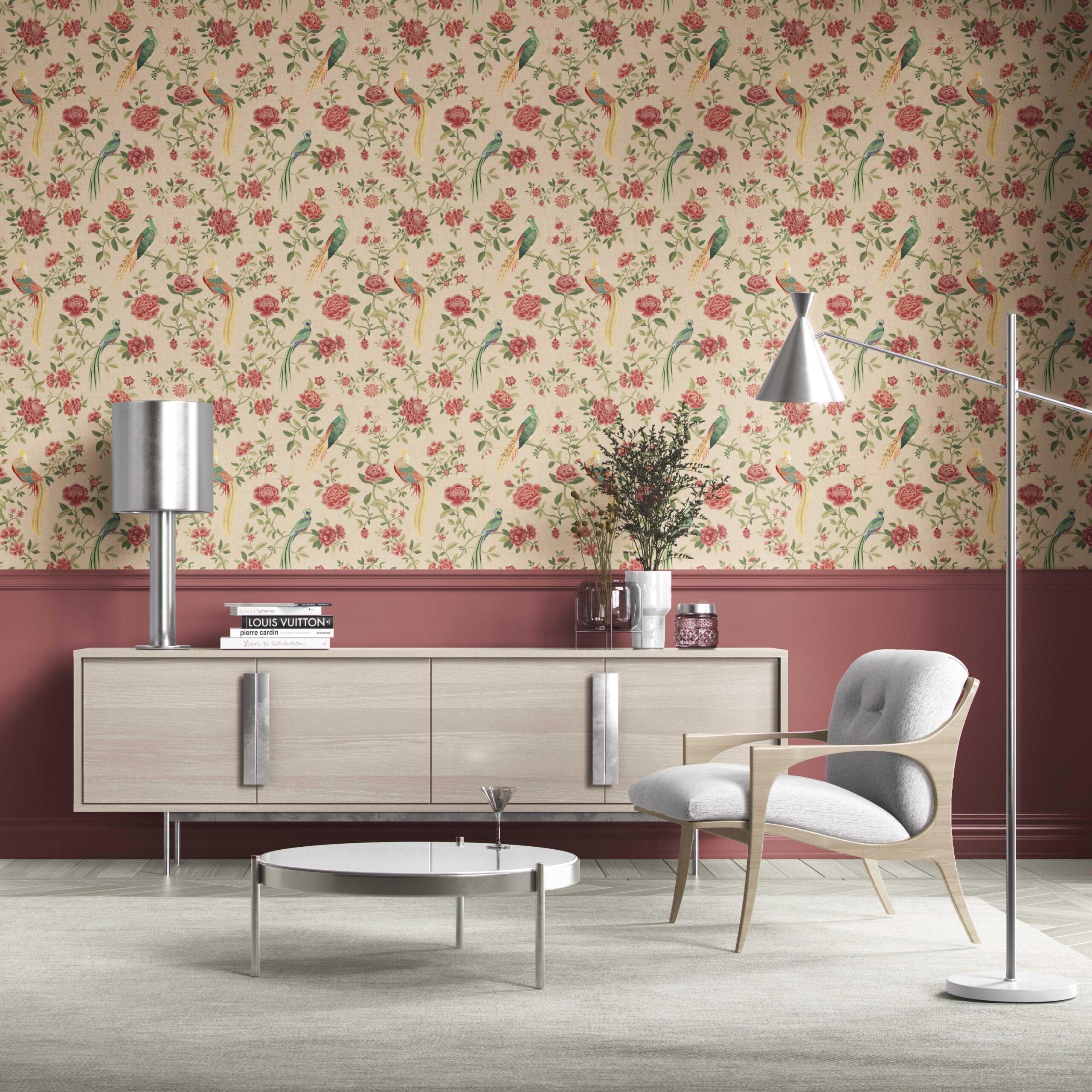 Floral Chinoiserie/ Nature Bird Print Kitchen Wallpaper Sample (Peach/ Red/ Green/ Yellow)