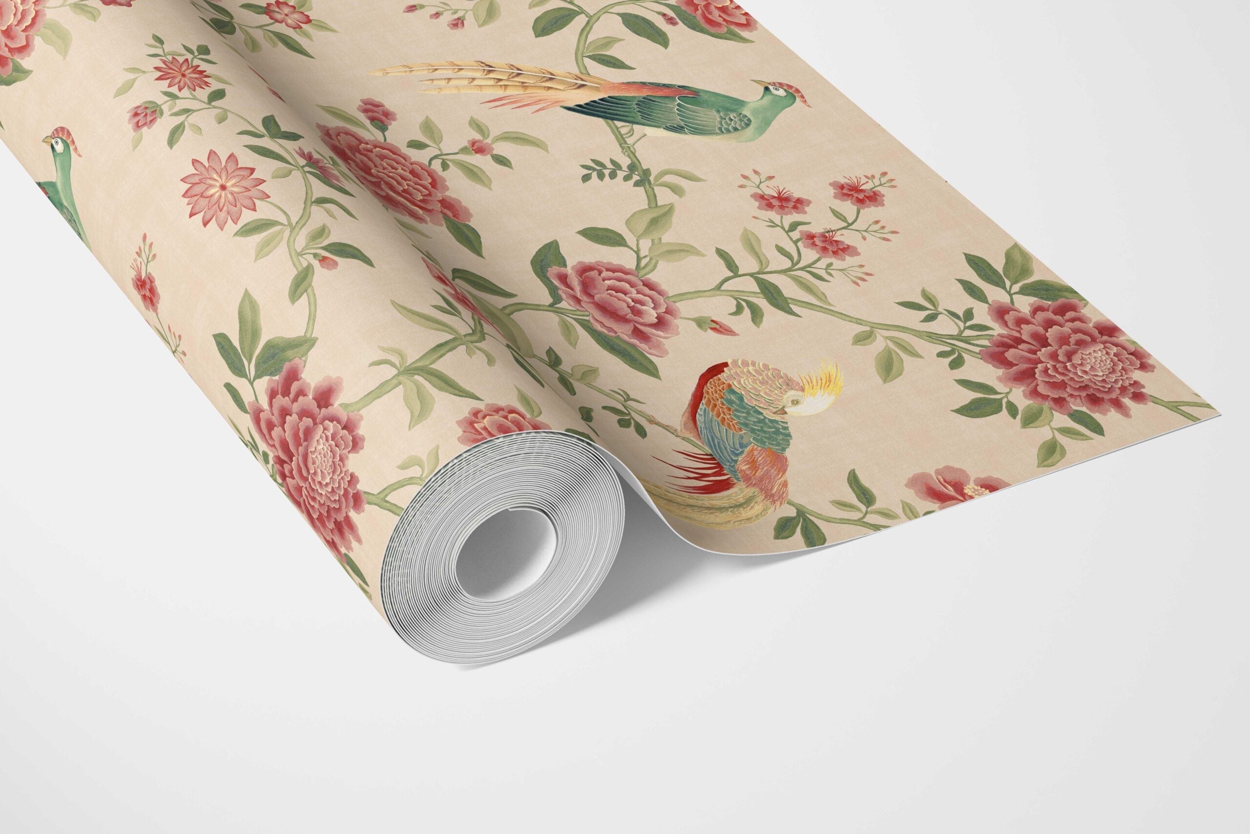 Floral Chinoiserie/ Nature Bird Print Bathroom Wallpaper Sample (Peach/ Red/ Green/ Yellow)