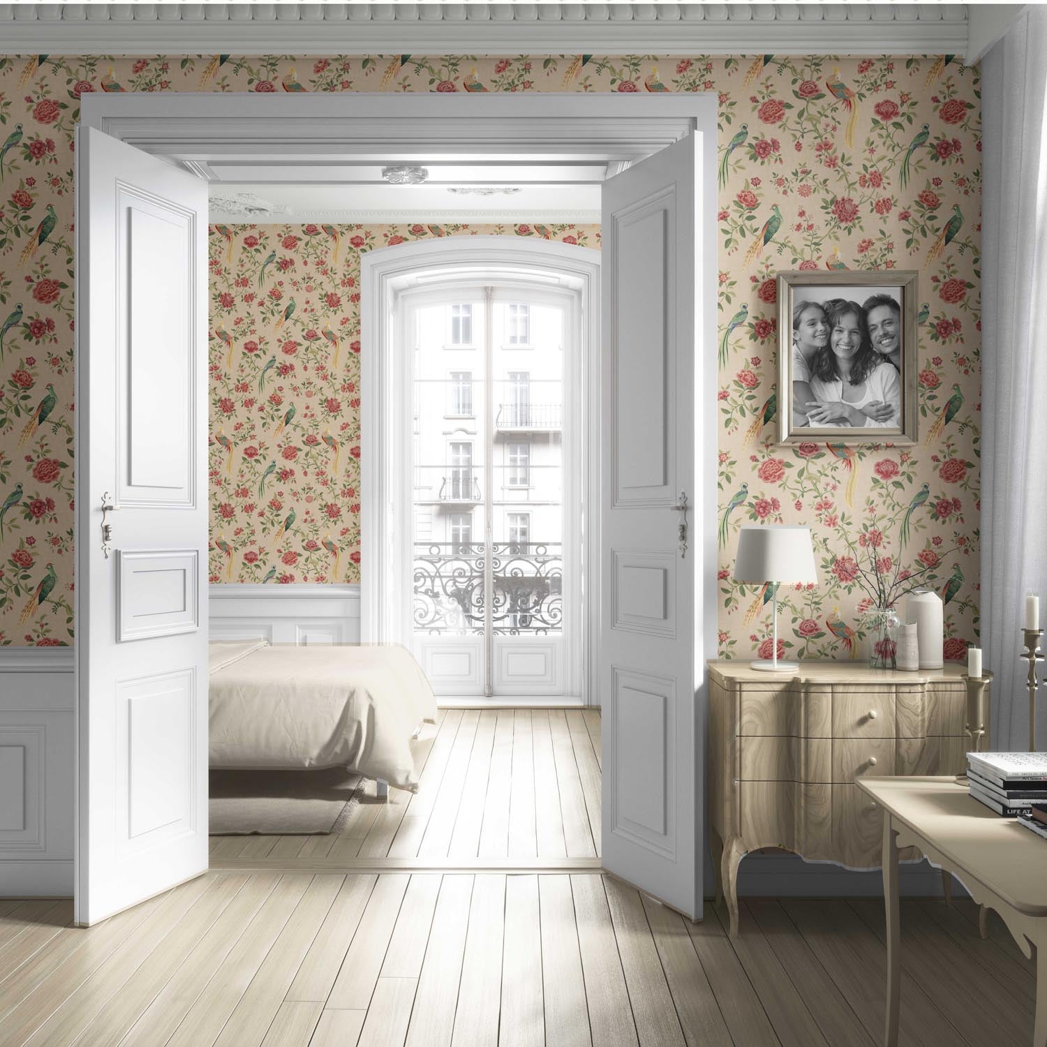 Floral Chinoiserie/ Nature Bird Print Living Room Wallpaper Sample (Peach/ Red/ Green/ Yellow)