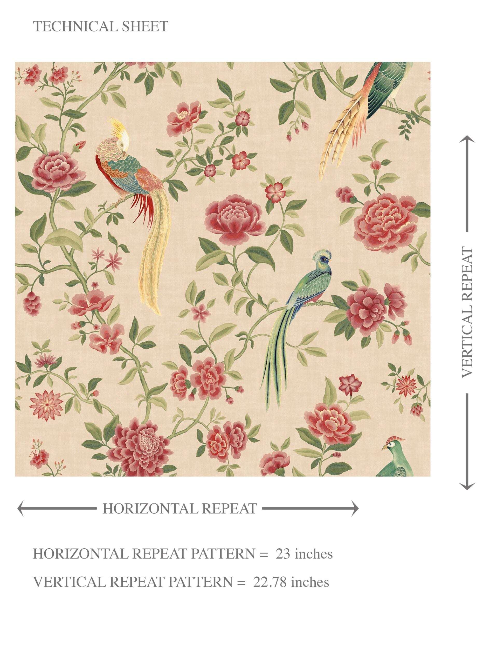 Floral Chinoiserie/ Nature Bird Print Kids Room Wallpaper Sample (Peach/ Red/ Green/ Yellow)
