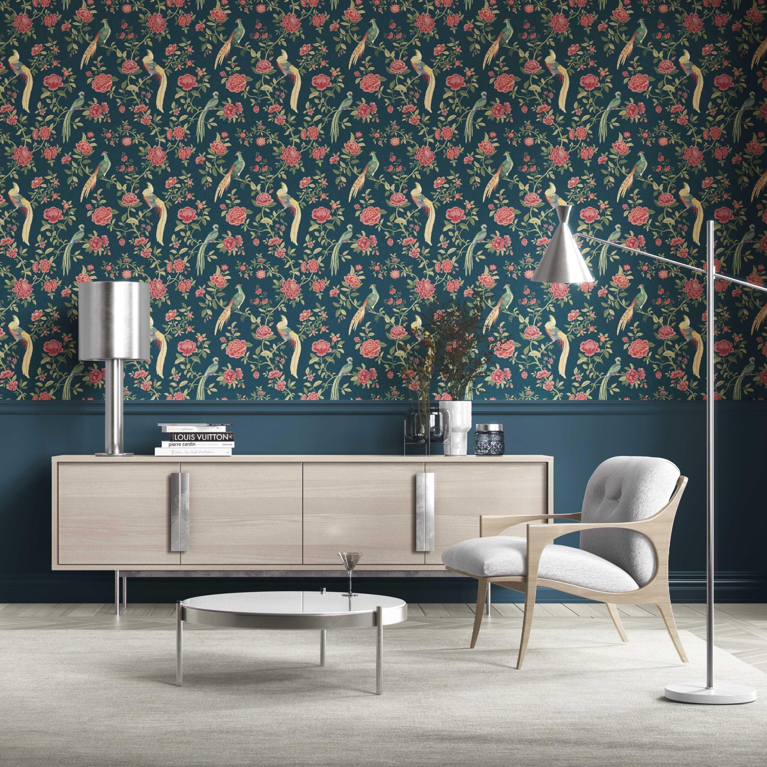 Floral Chinoiserie/ Nature Bird Print Kitchen Wallpaper Sample (Teal Blue/ Pink/ Green/ Yellow)