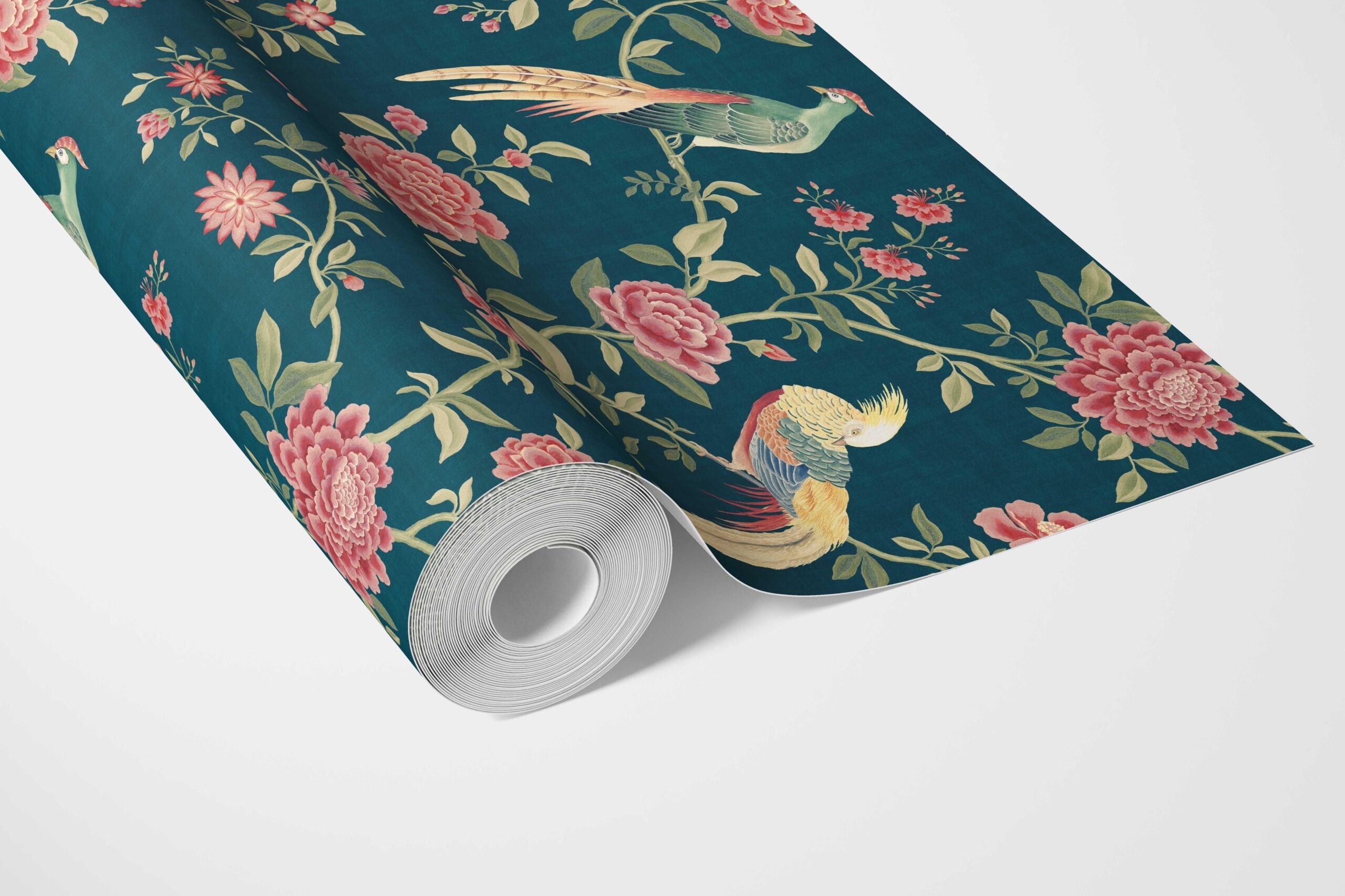 Floral Chinoiserie/ Nature Bird Print Bathroom Wallpaper Sample (Teal Blue/ Pink/ Green/ Yellow)