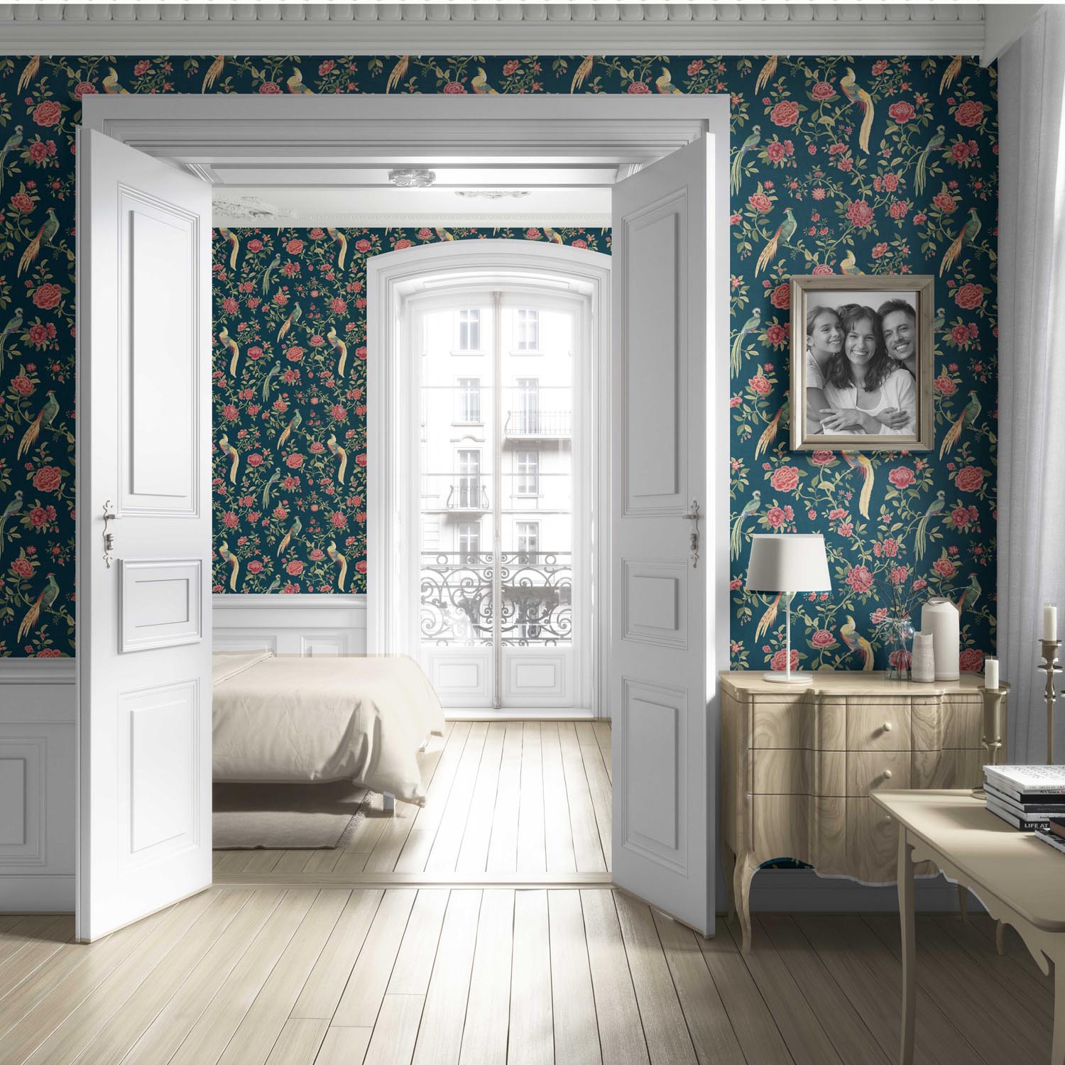 Floral Chinoiserie/ Nature Bird Print Living Room Wallpaper Sample (Teal Blue/ Pink/ Green/ Yellow)