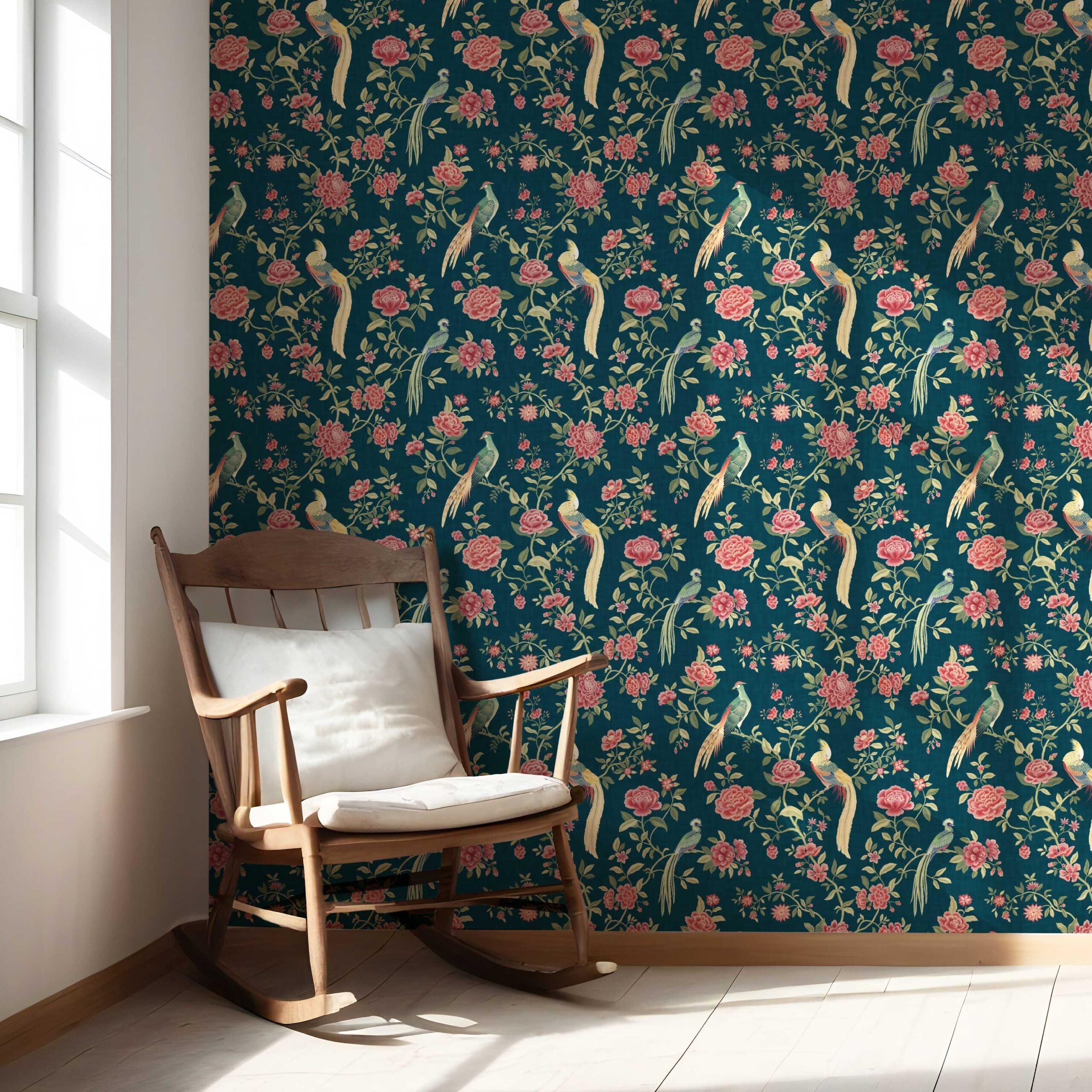 Floral Chinoiserie/ Nature Bird Print Nursery Wallpaper Sample (Teal Blue/ Pink/ Green/ Yellow)