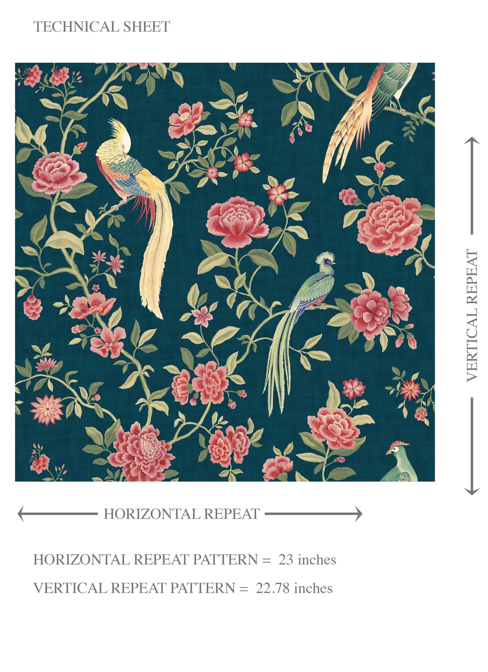 Floral Chinoiserie/ Nature Bird Print Kids Room Wallpaper Sample (Teal Blue/ Pink/ Green/ Yellow)
