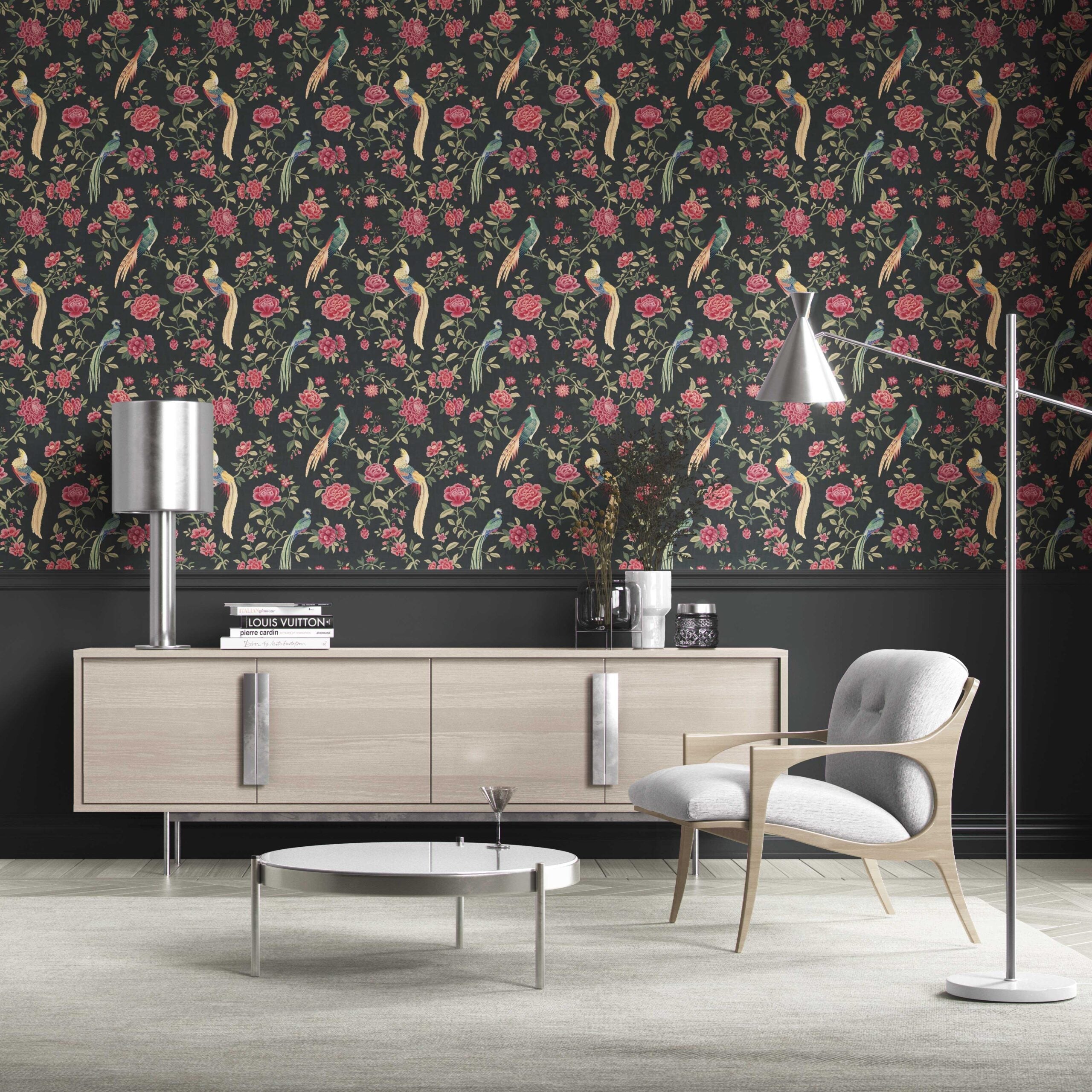 Floral Chinoiserie/ Nature Bird Print Kitchen Wallpaper (Black/ Pink/ Green/ Blue/ Yellow)