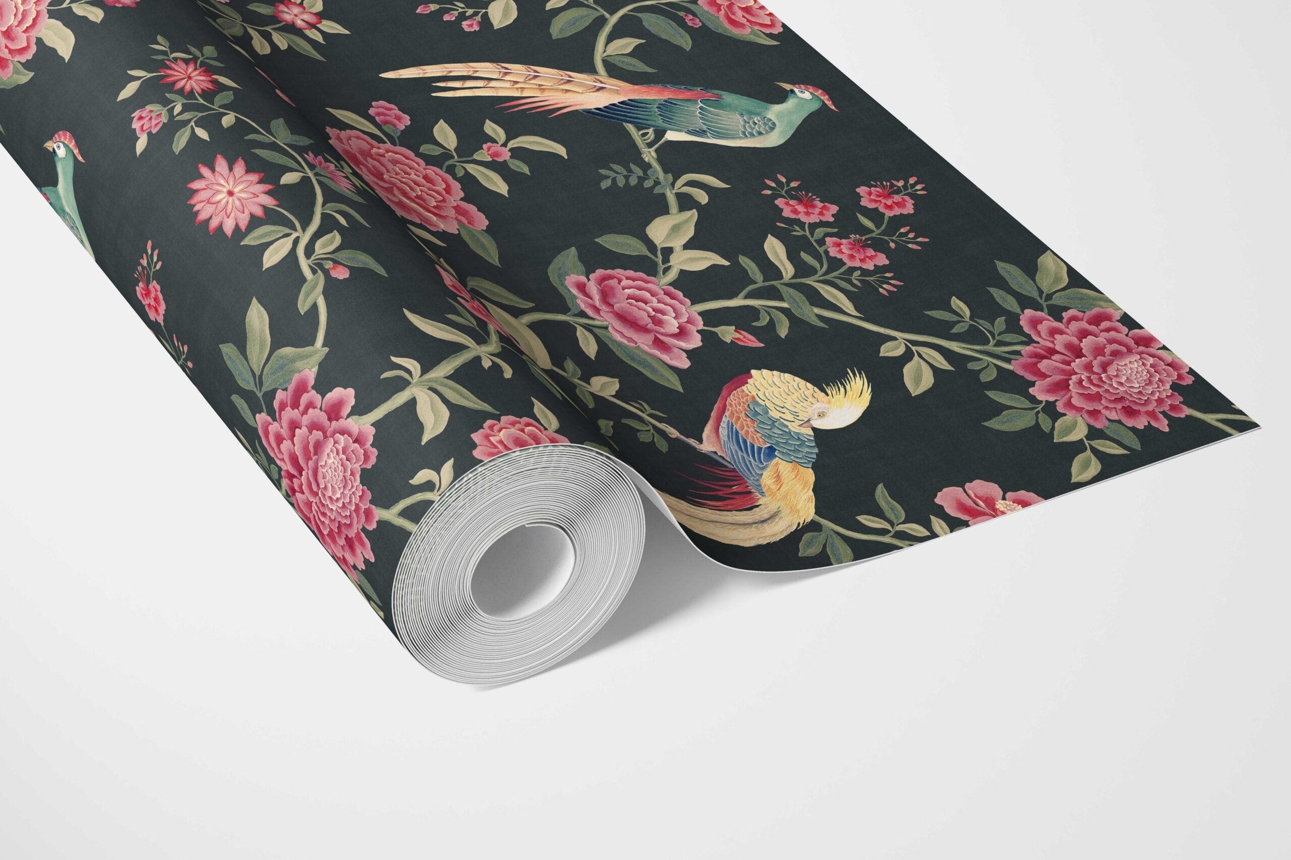 Floral Chinoiserie/ Nature Bird Print Bathroom Wallpaper (Black/ Pink/ Green/ Blue/ Yellow)