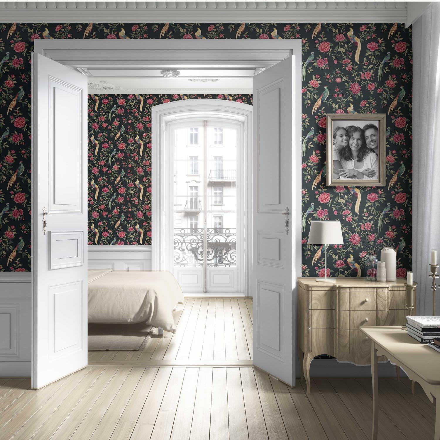 Floral Chinoiserie/ Nature Bird Print Living Room Wallpaper (Black/ Pink/ Green/ Blue/ Yellow)