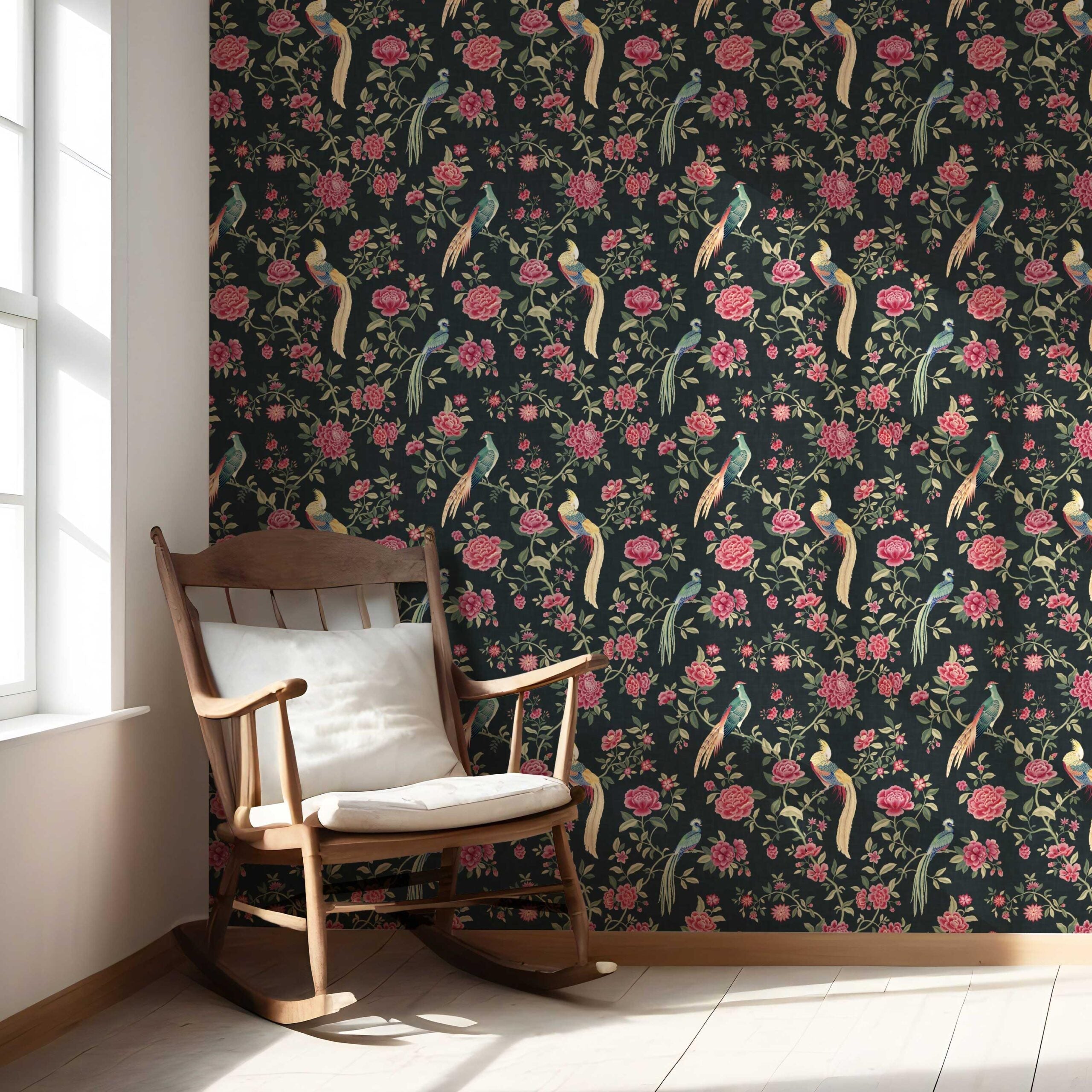Floral Chinoiserie/ Nature Bird Print Nursery Wallpaper (Black/ Pink/ Green/ Blue/ Yellow)