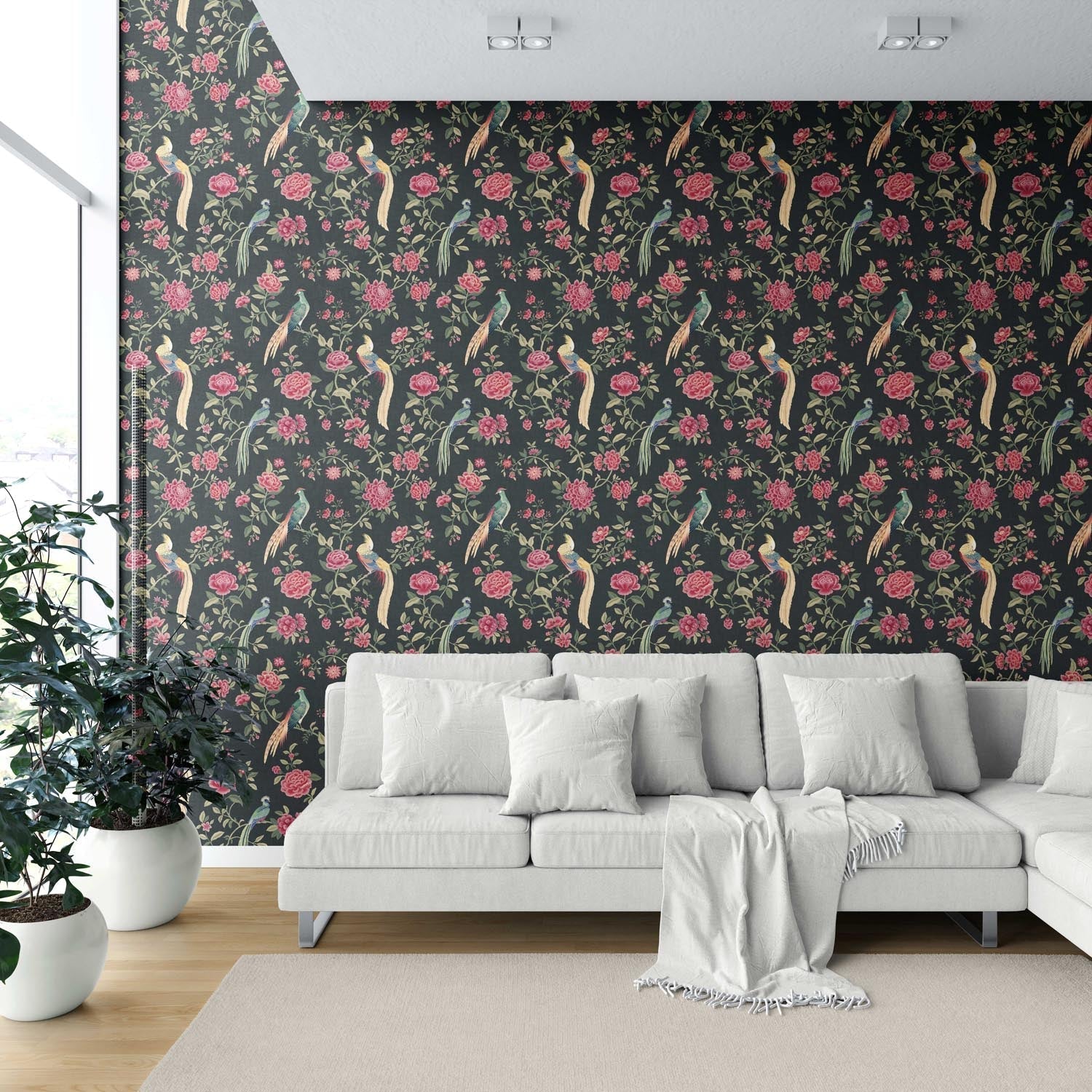 Floral Chinoiserie/ Nature Bird Print Shower Toilet Wallpaper (Black/ Pink/ Green/ Blue/ Yellow)