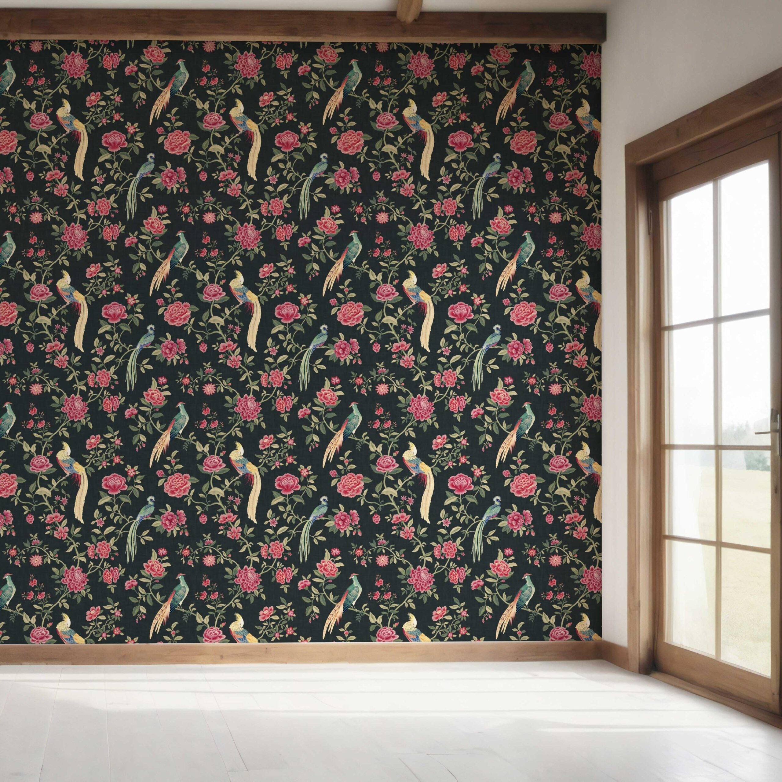 Floral Chinoiserie/ Nature Bird Print Bedroom Wallpaper (Black/ Pink/ Green/ Blue/ Yellow)