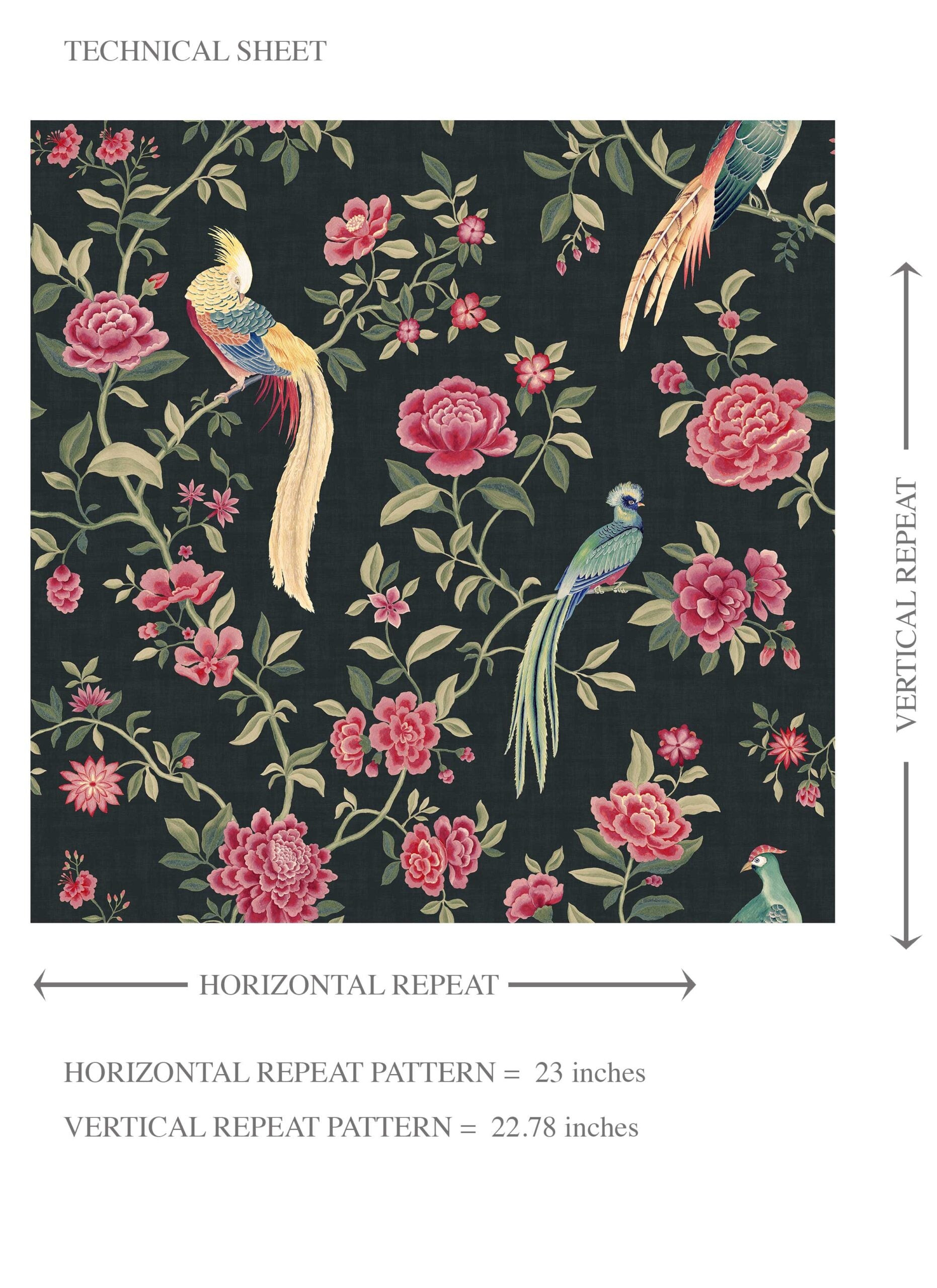 Floral Chinoiserie/ Nature Bird Print Kids Room Wallpaper (Black/ Pink/ Green/ Blue/ Yellow)