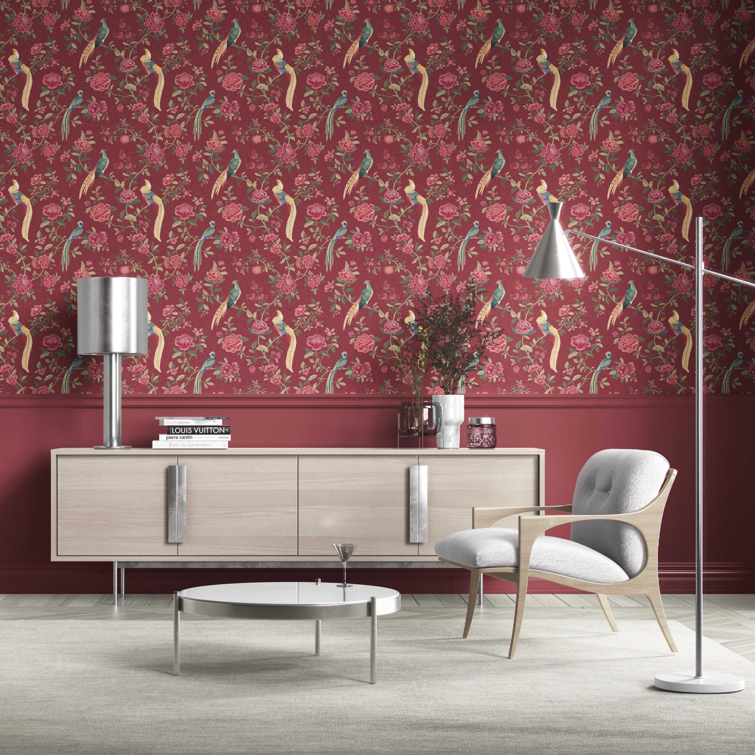 Floral Chinoiserie/ Nature Bird Print Kitchen Wallpaper Sample (Red/ Pink/ Green/ Yellow)