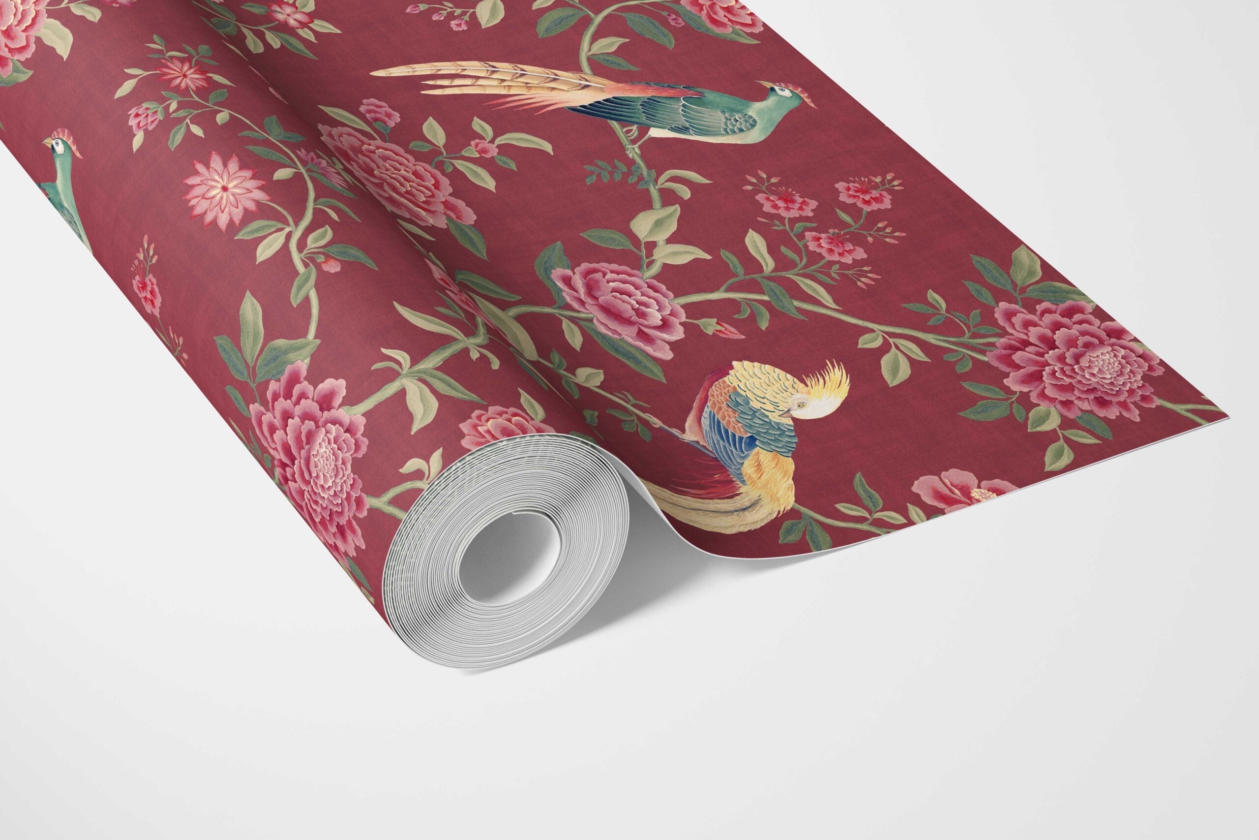 Floral Chinoiserie/ Nature Bird Print Bathroom Wallpaper Sample (Red/ Pink/ Green/ Yellow)