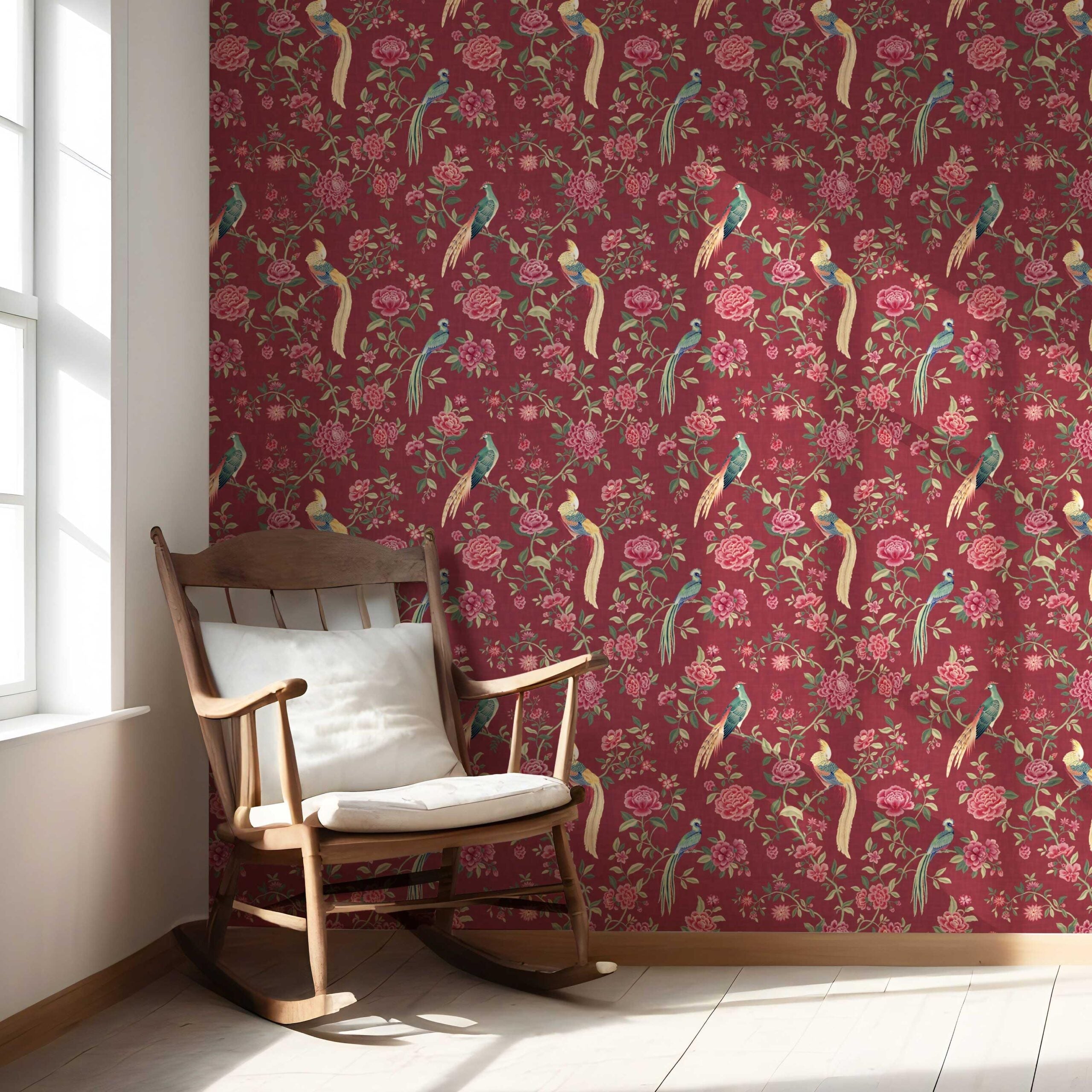 Floral Chinoiserie/ Nature Bird Print Nursery Wallpaper Sample (Red/ Pink/ Green/ Yellow)