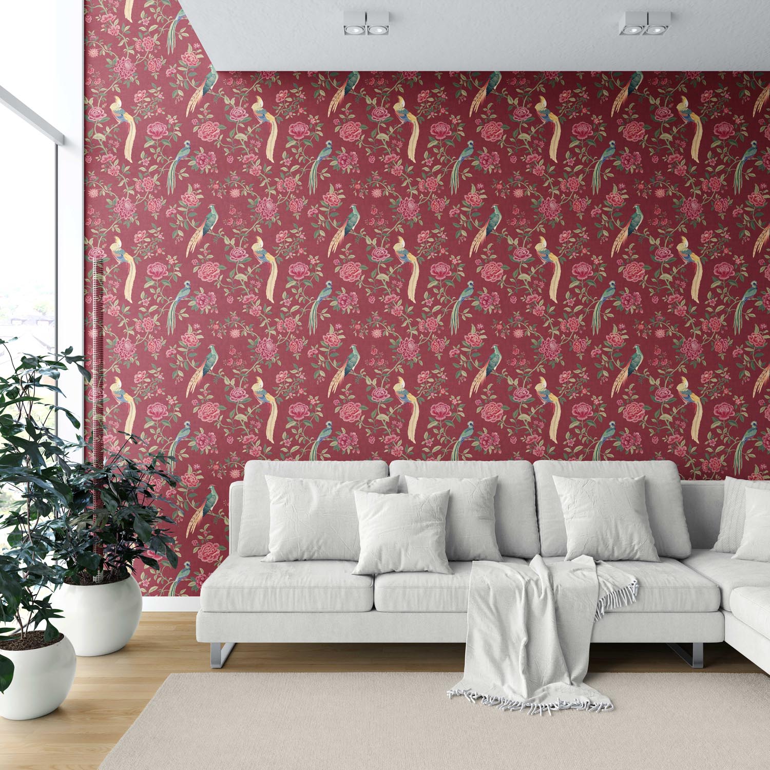 Floral Chinoiserie/ Nature Bird Print Shower Toilet Wallpaper Sample (Red/ Pink/ Green/ Yellow)